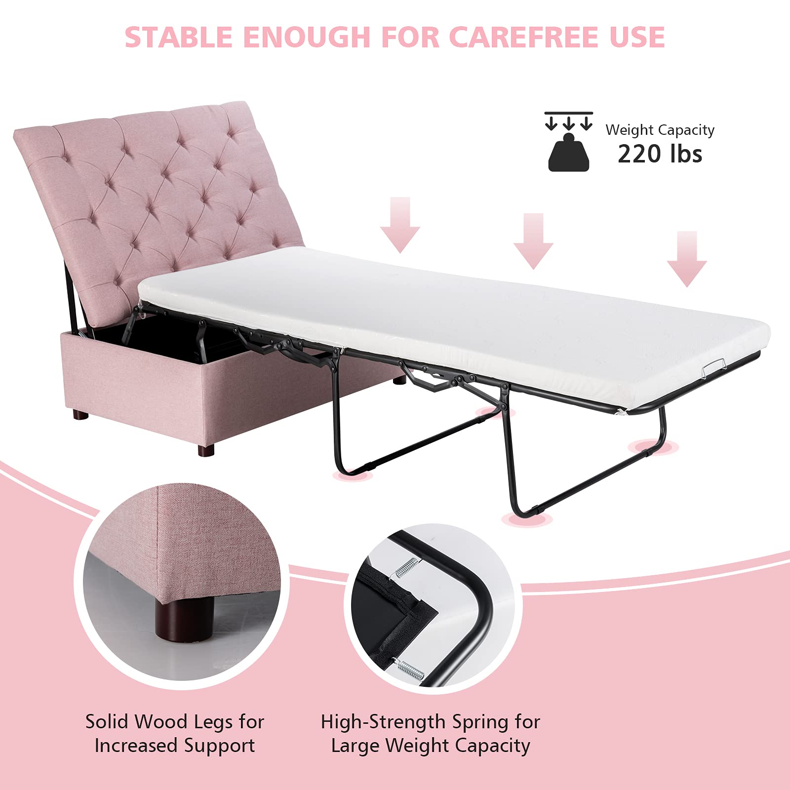 Giantex Ottoman Folding Bed with Mattress - Convertible Chair to Sofa Bed, Steel Frame Sleeper Couch for Guest & Lounge - Dual Use Living Room, Bedroom & Office Furniture (Pink) | Perfect for Small Spaces, Overnight Guests & Multi-Functional Home Decor