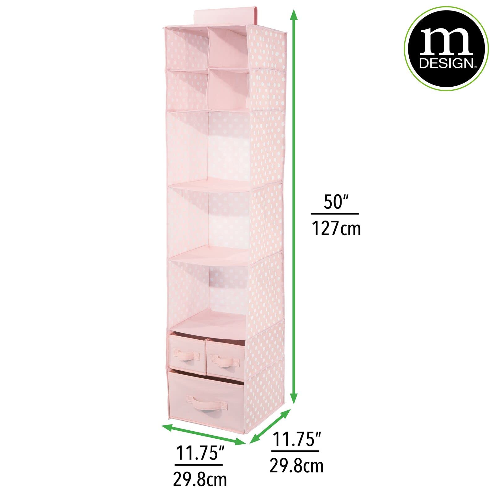 mDesign Fabric Hanging Closet Organizer with 7 Shelves & 3 Removable Drawers - Space Saving Storage for Baby Clothes, Toys & Accessories - Nursery & Bedroom Organization - Pink & White Polka Dot Pattern - Perfect for Small Spaces & Kids Room Storage