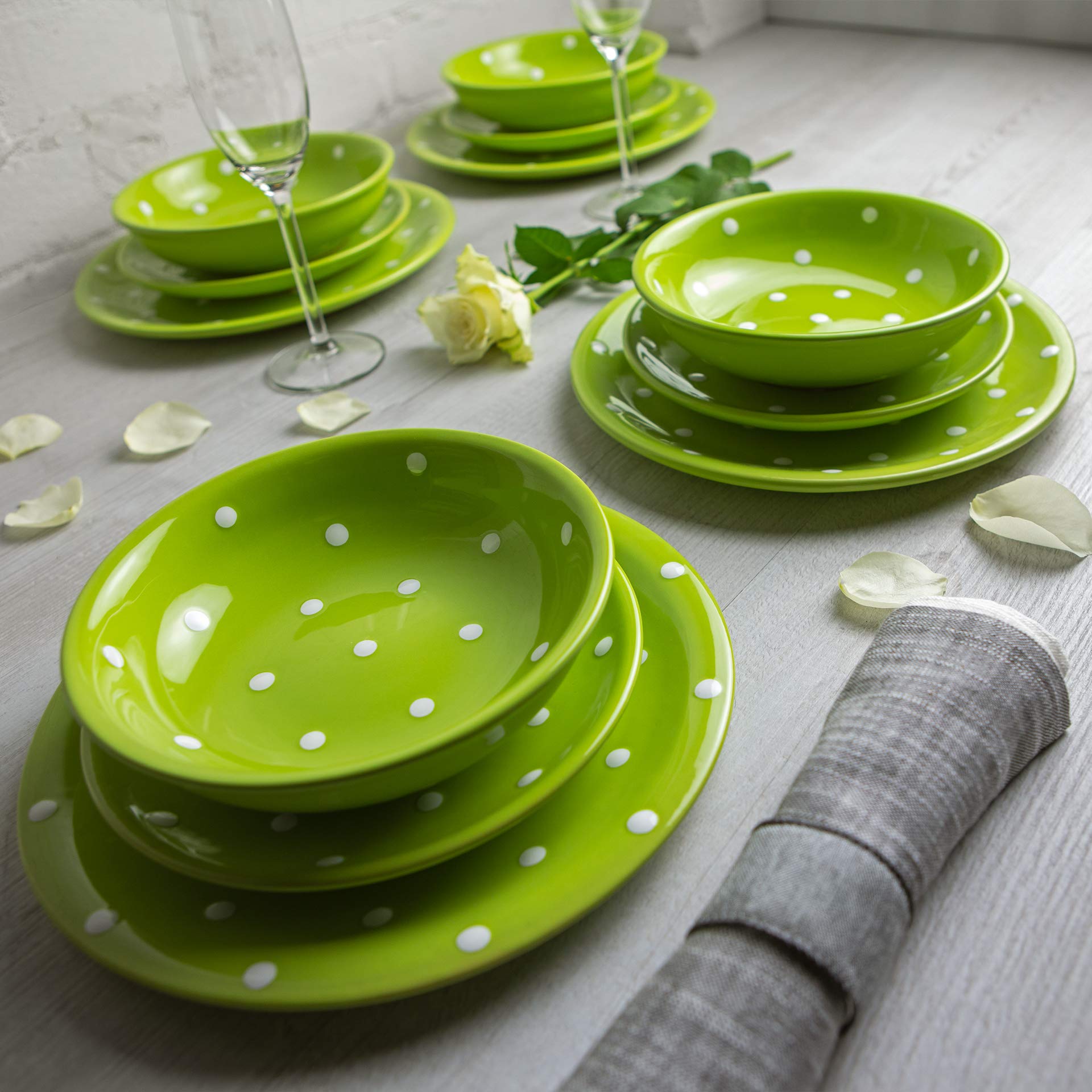 Handmade Lime Green and White Polka Dot Ceramic Dinnerware Set - 12 Piece Tableware Service for 4 (Dinner Plates, Side Plates, Bowls) | Perfect for Housewarming Gifts, Everyday Dining & Cottage Style Decor by City to Cottage®