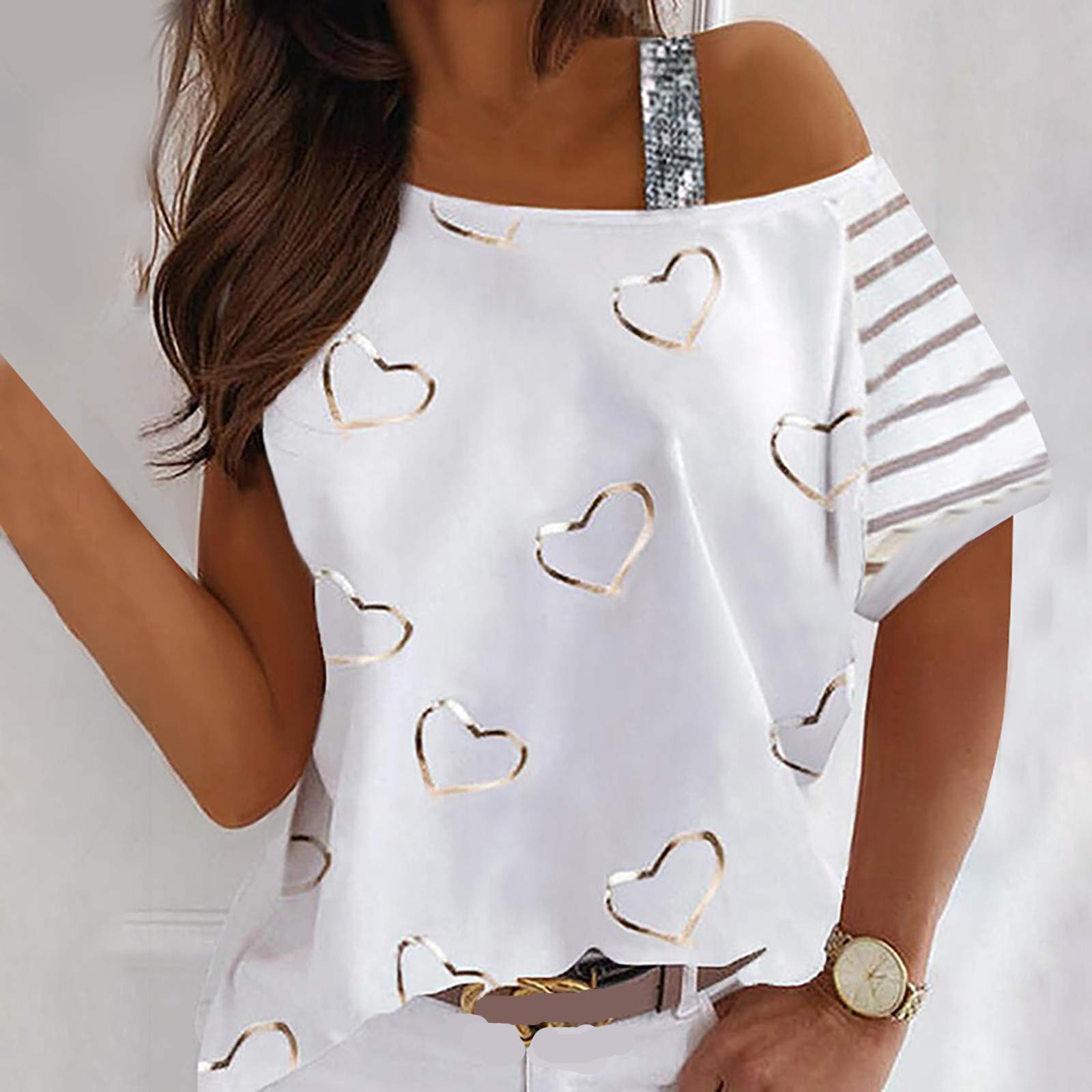 VOWUA Women's Long & Short Sleeve V-Neck Lace Blouse Heart Print T-Shirt Casual Tunic Top - Spring Summer Fashion for Office, Date Night & Everyday Wear (White)
