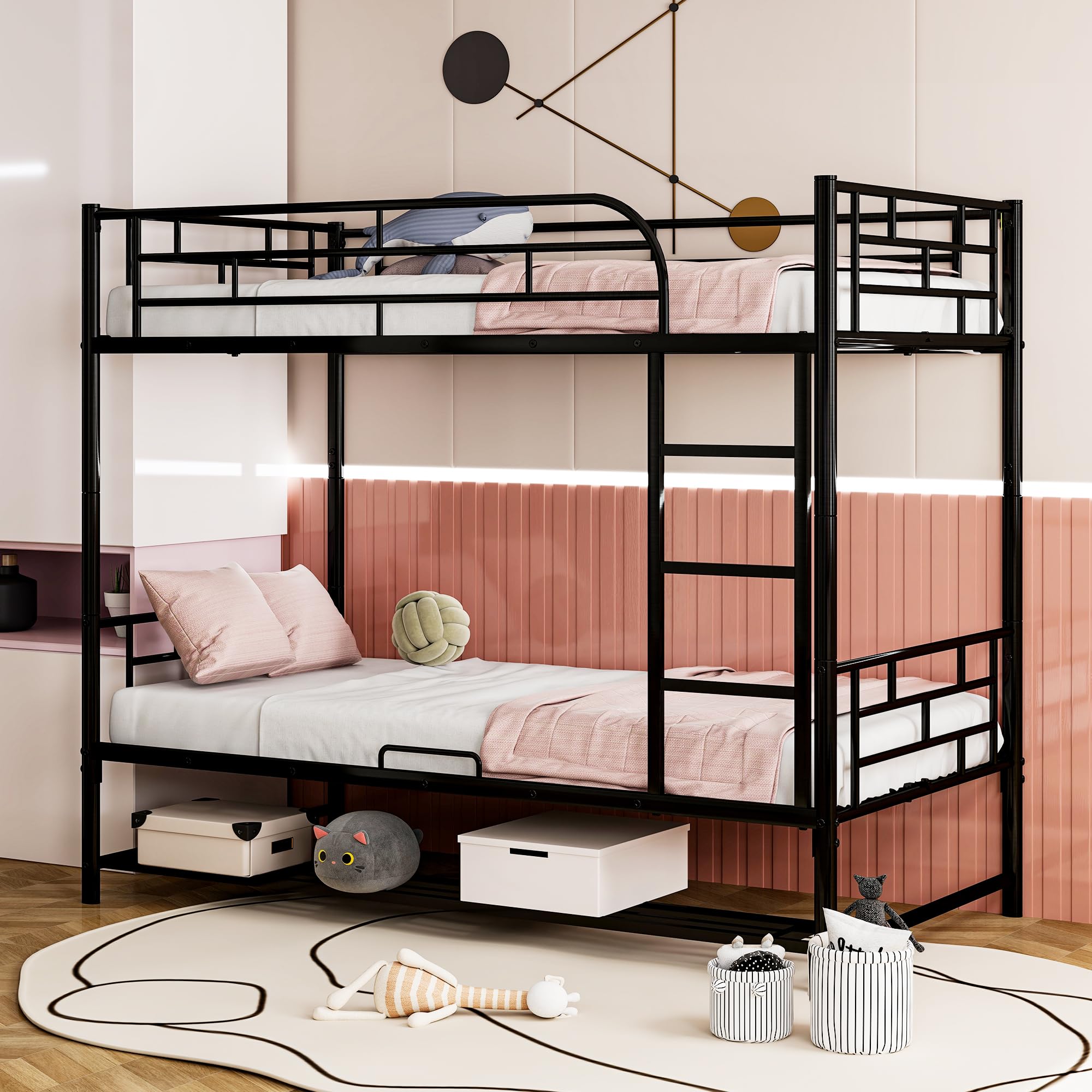 Merax Twin Over Twin Metal Bunk Bed with Storage Shelf, Ladder & Safety Guard Rails - Space Saving Kids Bedroom Furniture for Small Rooms, Dorms or Guest Rooms (Black)