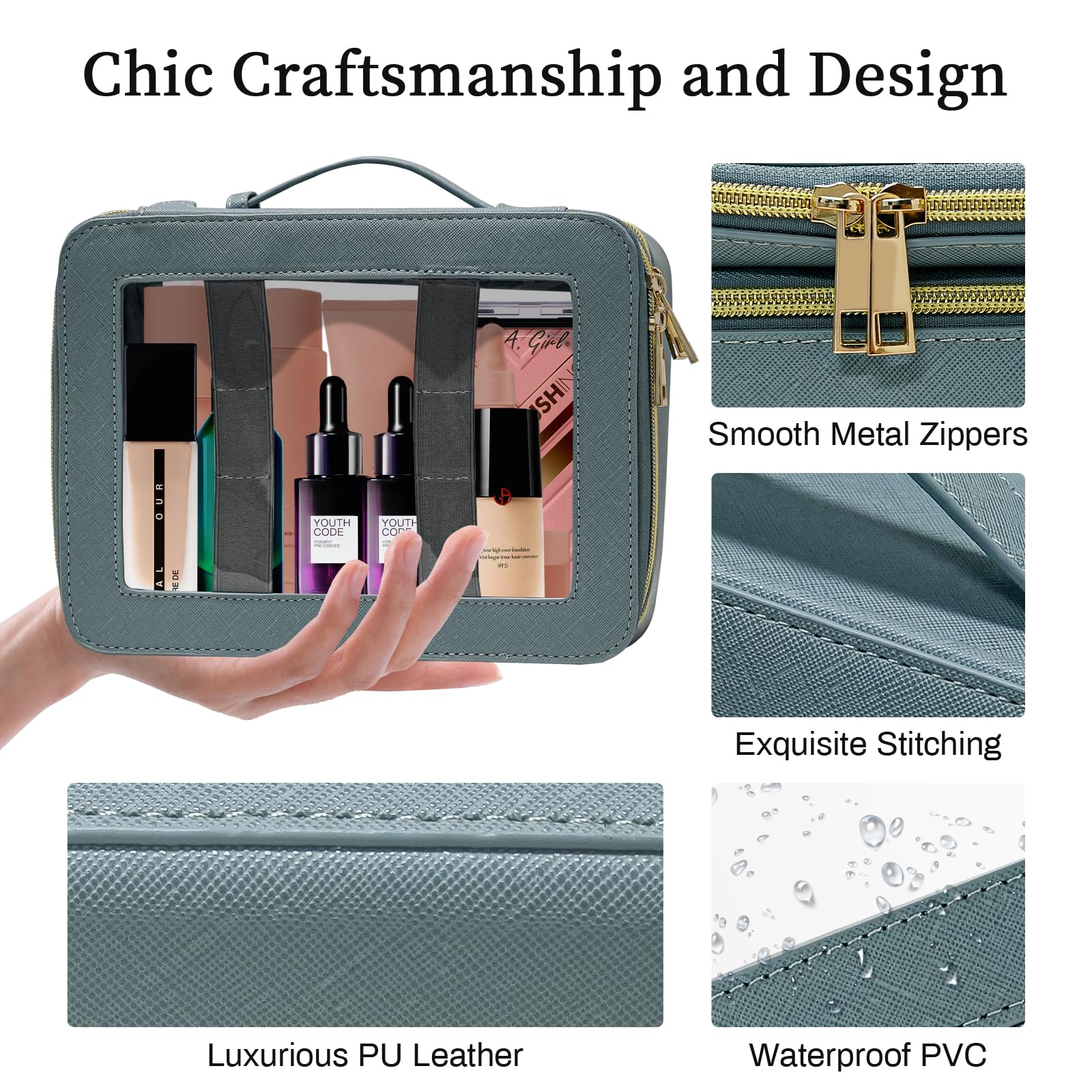 Clear Makeup Bag Organizer - Waterproof Travel Toiletry Bag for Women | Portable Cosmetic Storage with Gold Zippers | Perfect for Travel, Gym & Daily Organization (Blue)
