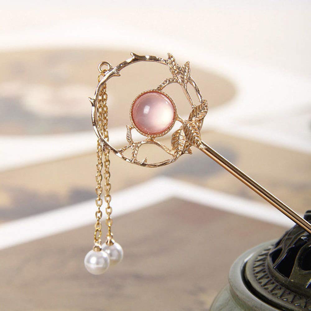 Vintage Crystal Rhinestone Pearl Hair Stick with Tassel - Elegant Ethnic Hair Pin for Women, Wedding, Party & Special Occasions (Pink)