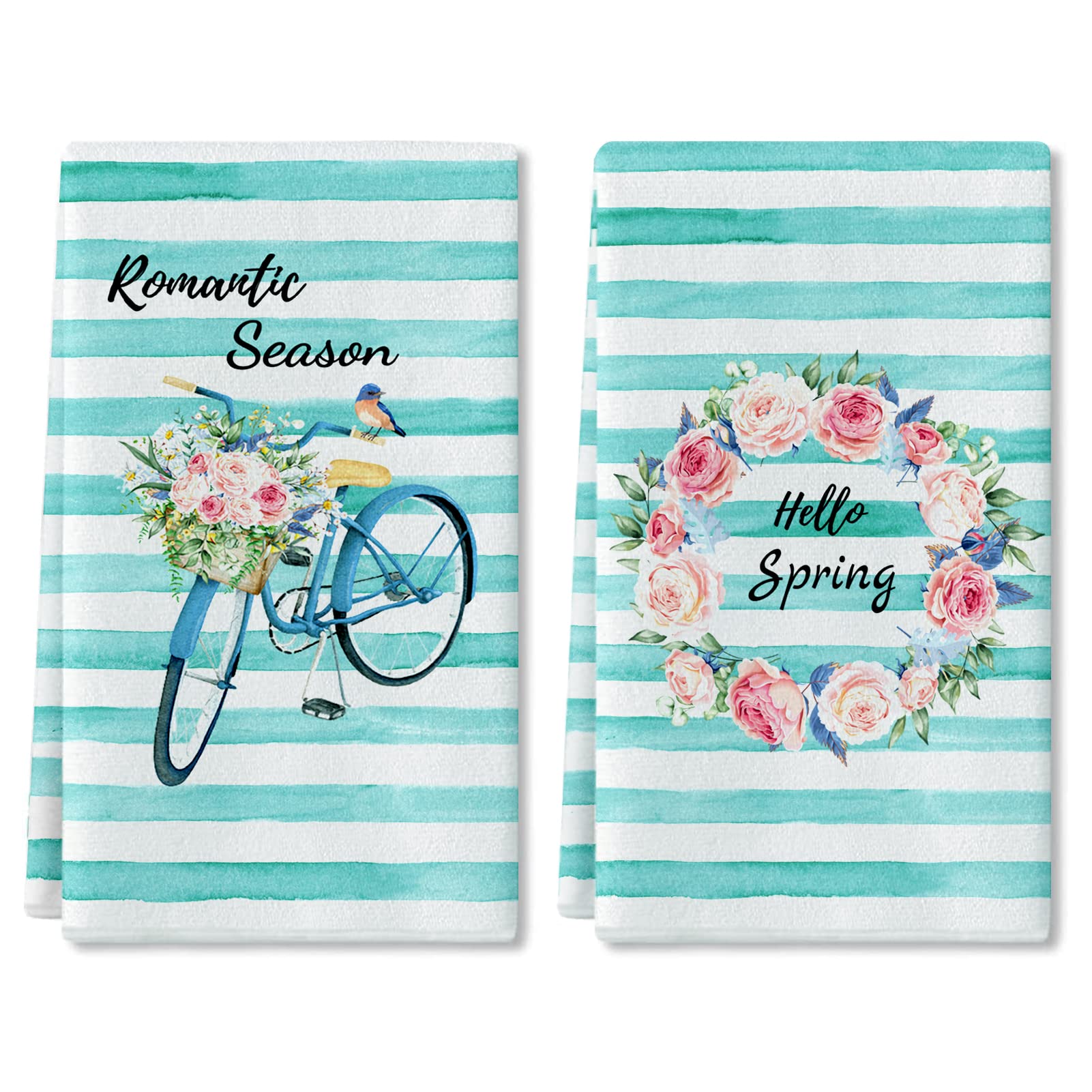Premium Watercolor Stripes Kitchen Dish Towels Set of 2 - 18x28 Inch Absorbent Cotton Tea Towels for Cooking, Baking & Drying | Spring Floral Wreath Design with Inspirational Quotes - Perfect for Farmhouse, Modern & Vintage Kitchens