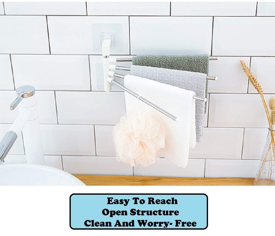 Stainless Steel Self-Adhesive 4-Arm Bathroom Swing Hanger Towel Rack - Space-Saving Bathroom & Kitchen Organizer for Towels, Robes & Accessories - Perfect for Small Bathrooms, Apartments & Dorm Rooms