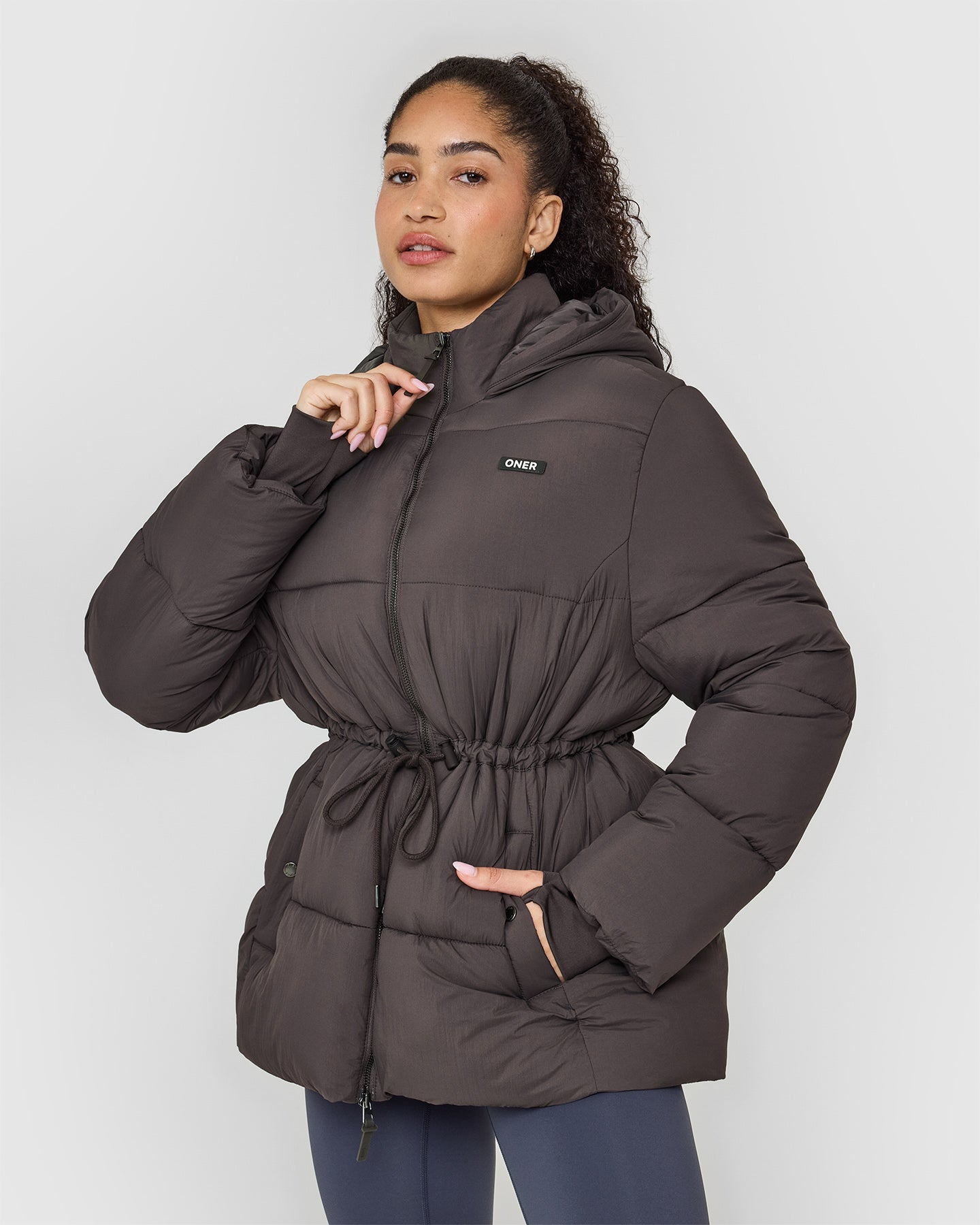 Truffle Brown Mid Length Puffer Jacket for Women - Warm Winter Coat with Hood, Lightweight Insulated Outerwear for Cold Weather - Perfect for Snowboarding, Skiing & Outdoor Activities