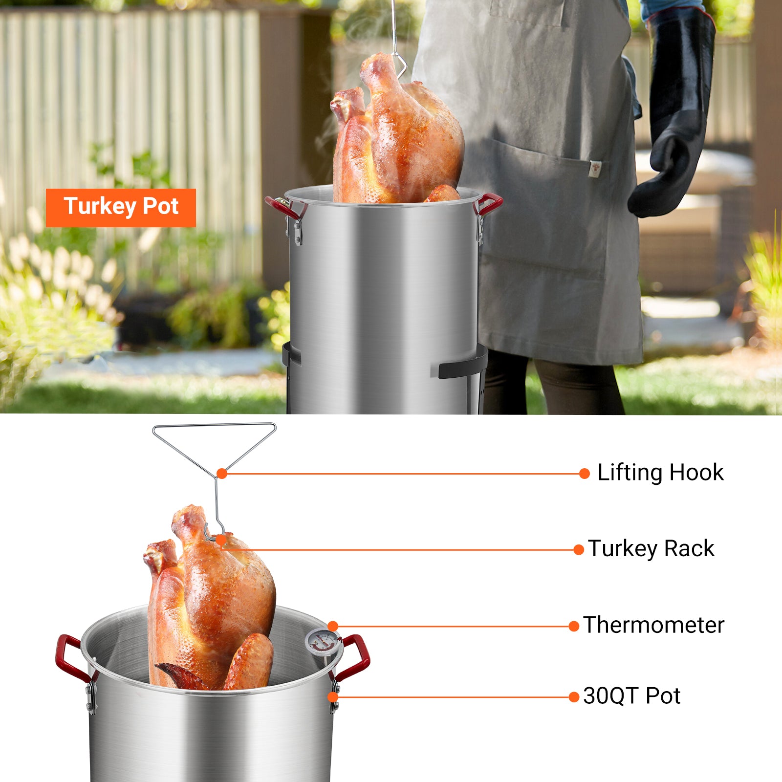 GARVEE 30 Qt Aluminum Turkey Deep Fryer Pot with Thermometer Kit - Outdoor Propane Stove Burner Stand for Frying Turkey, Fish, Chicken Wings - CSA Approved 0-5 PSI Regulator - Perfect for Backyard BBQs, Camping & Outdoor Cooking