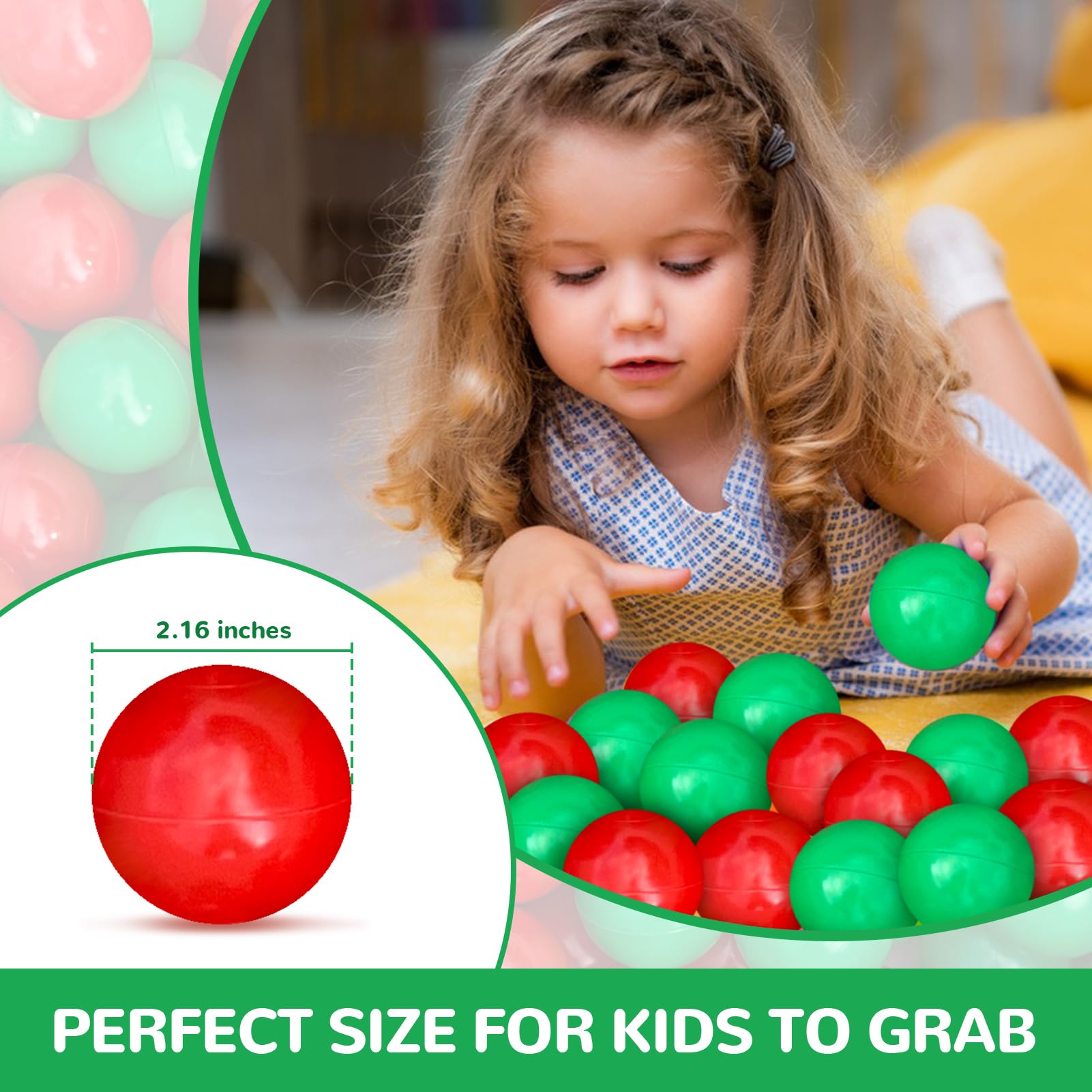 100 Phthalate-Free & BPA-Free Crush-Proof 2.16 Inch Plastic Ball Pit Balls for Kids - Safe Toddler Toys for Indoor Play Tents, Pools & Birthday Gifts (Red & Green)