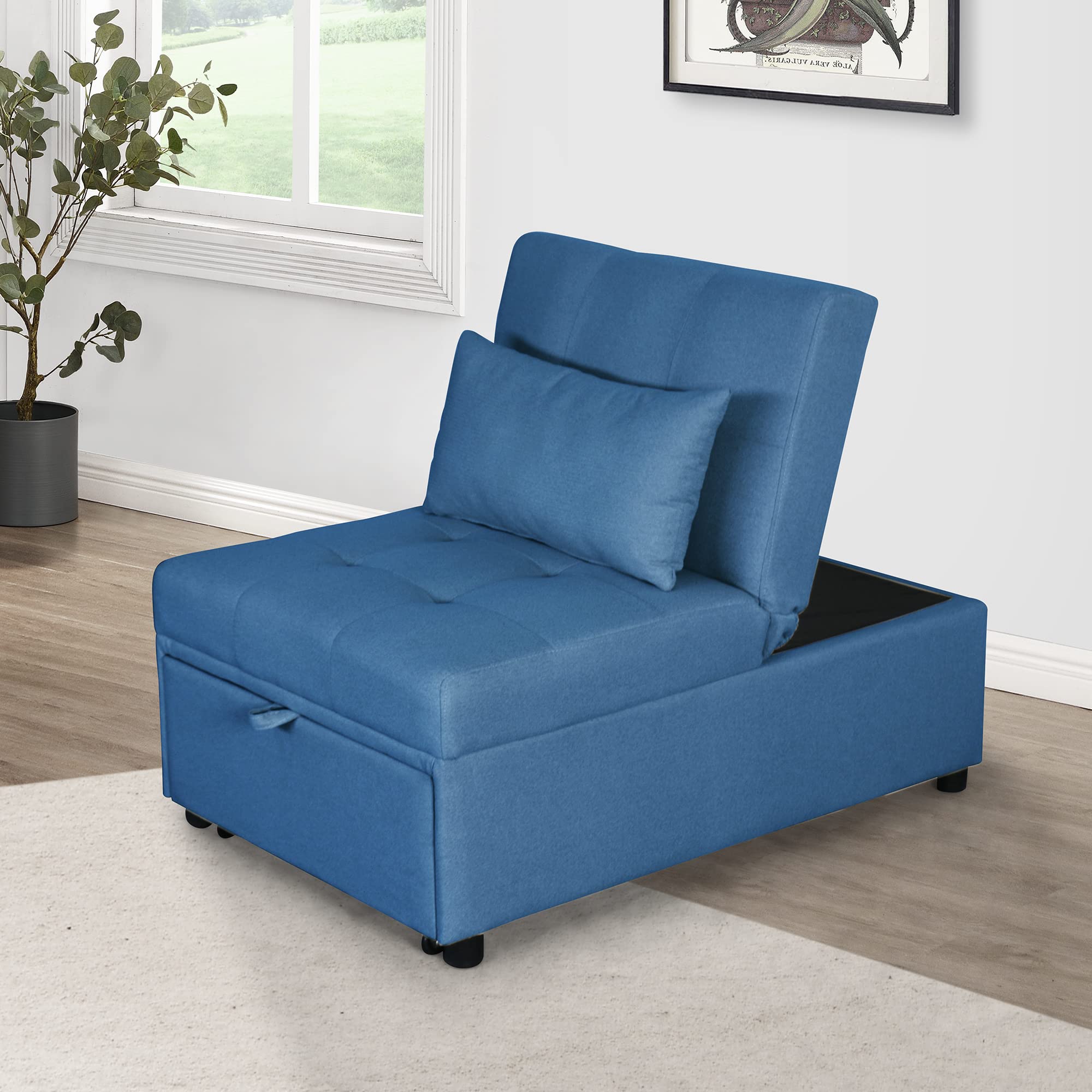 Blue Folding Ottoman Sofa Bed - Convertible Storage Footrest & Guest Bed - Perfect for Small Spaces, Living Rooms & Apartments