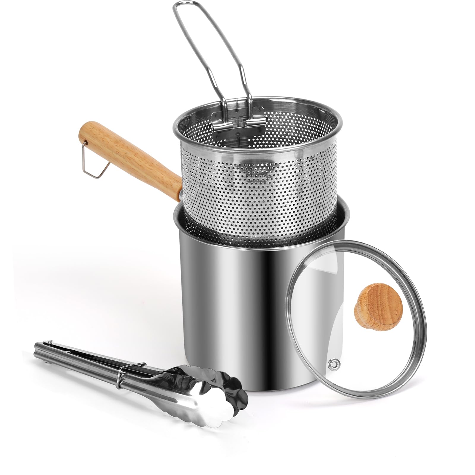 1.3-Quart Mini Deep Fryer Pot with Basket - Small Electric Fryer & Soup Pot with Tongs & Lid for 1-2 People - Gas & Induction Compatible - Dishwasher Safe - Perfect for Home Cooking, Camping & Small Kitchens