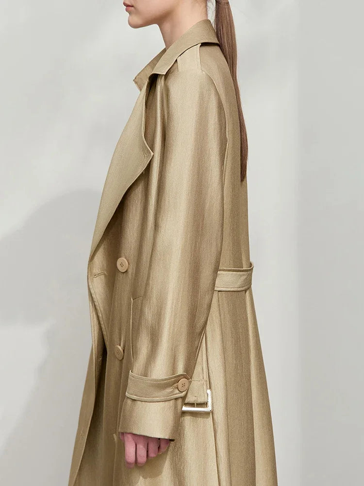 Minimalist Wide Waist Trench Coat for Women - 2025 Spring Summer Fashion Long Double Breasted Overcoat with Turn Down Collar | Office Wear, Business Casual, Spring Outerwear