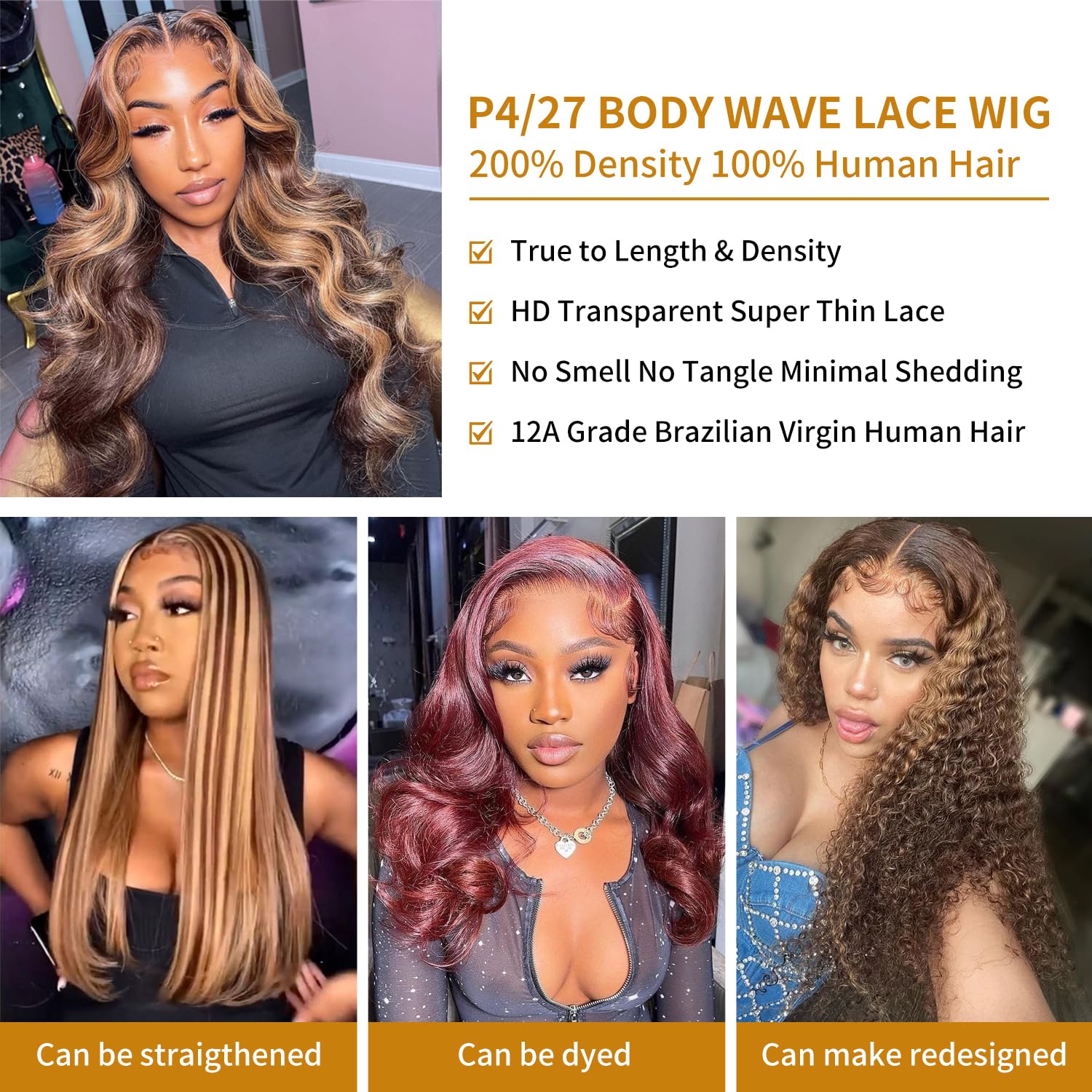 200% Density Highlight Ombre Lace Front Wig Human Hair 26inch - 13x4 HD Transparent Lace Frontal Wigs in 4/27 Honey Blonde & Brown Balayage - Glueless Body Wave Lace Wig for Daily Wear, Parties & Special Occasions