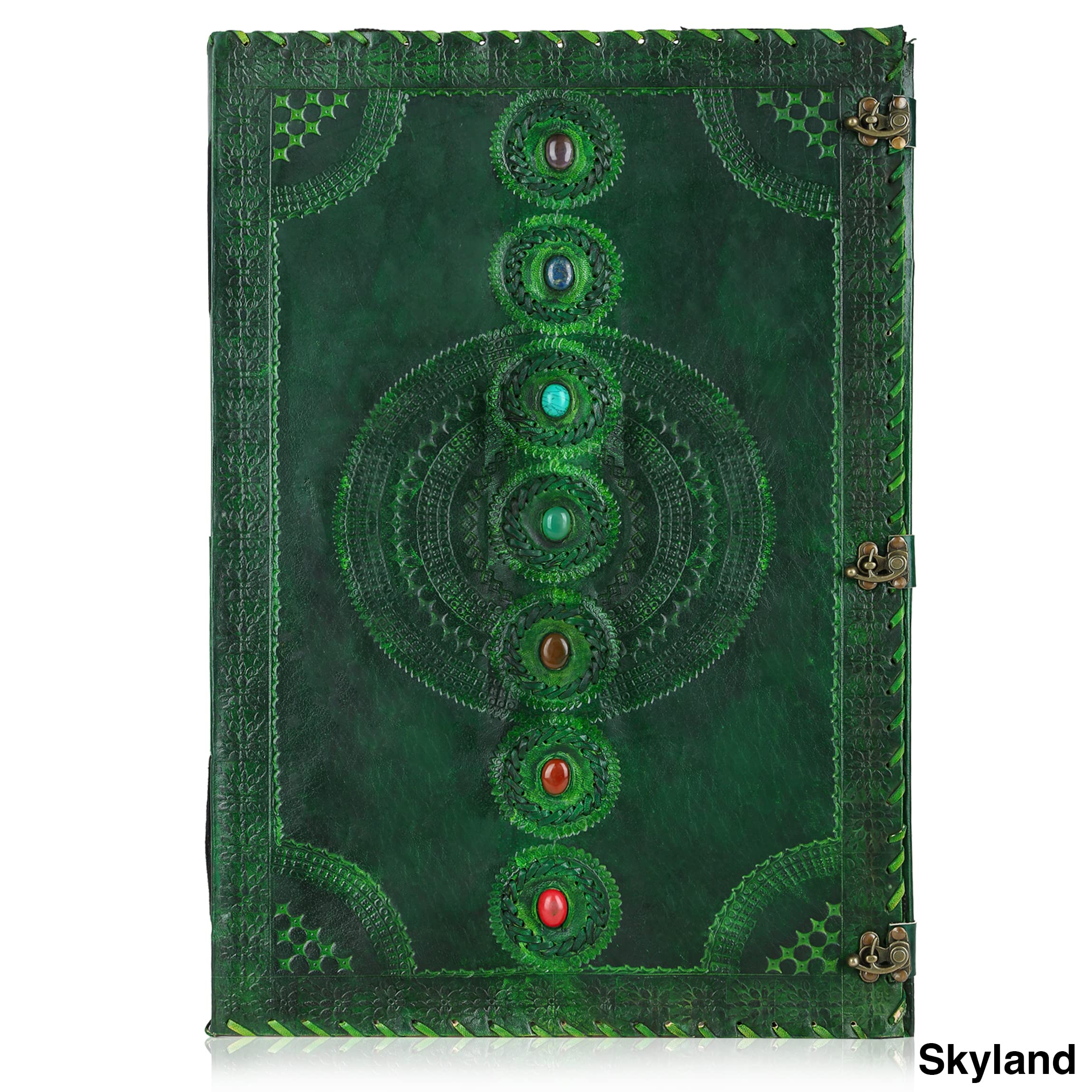 SKYLAND Handmade Leather Journal - Seven Chakra Embossed Medieval Stone Design Book of Shadows | Perfect for Office Diary, College Notebook, Poetry Writing & Sketching (Design3)