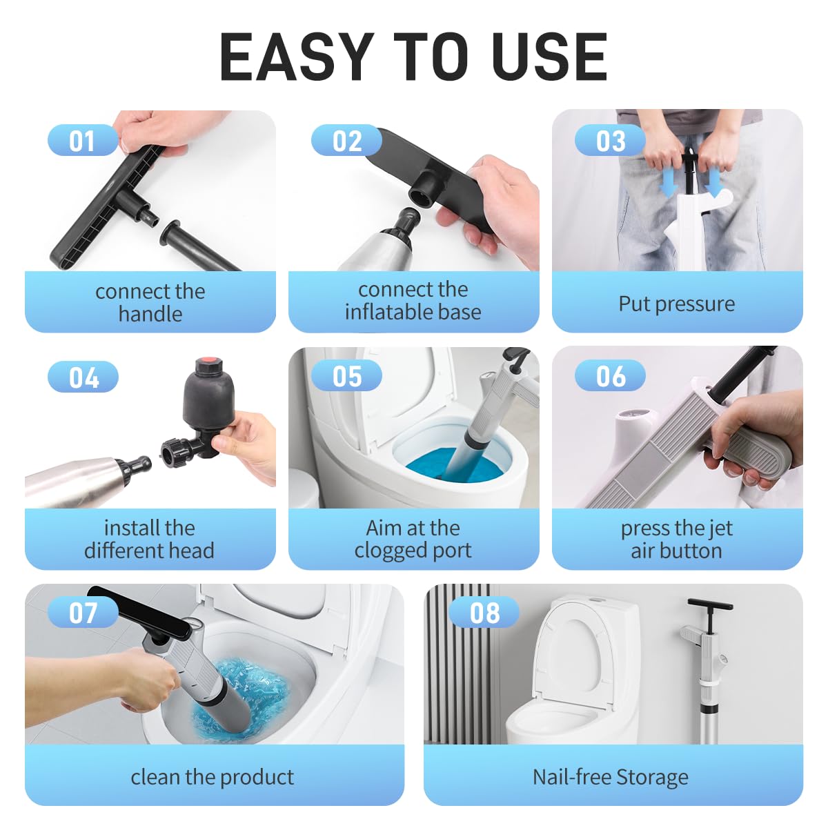 **Stainless Steel High Pressure Toilet Plunger - Heavy Duty Drain Clog Remover Tool for Bathroom, Kitchen, Sink & Floor Drain - Grey - Perfect for Quick Clog Removal in Homes & Commercial Spaces**