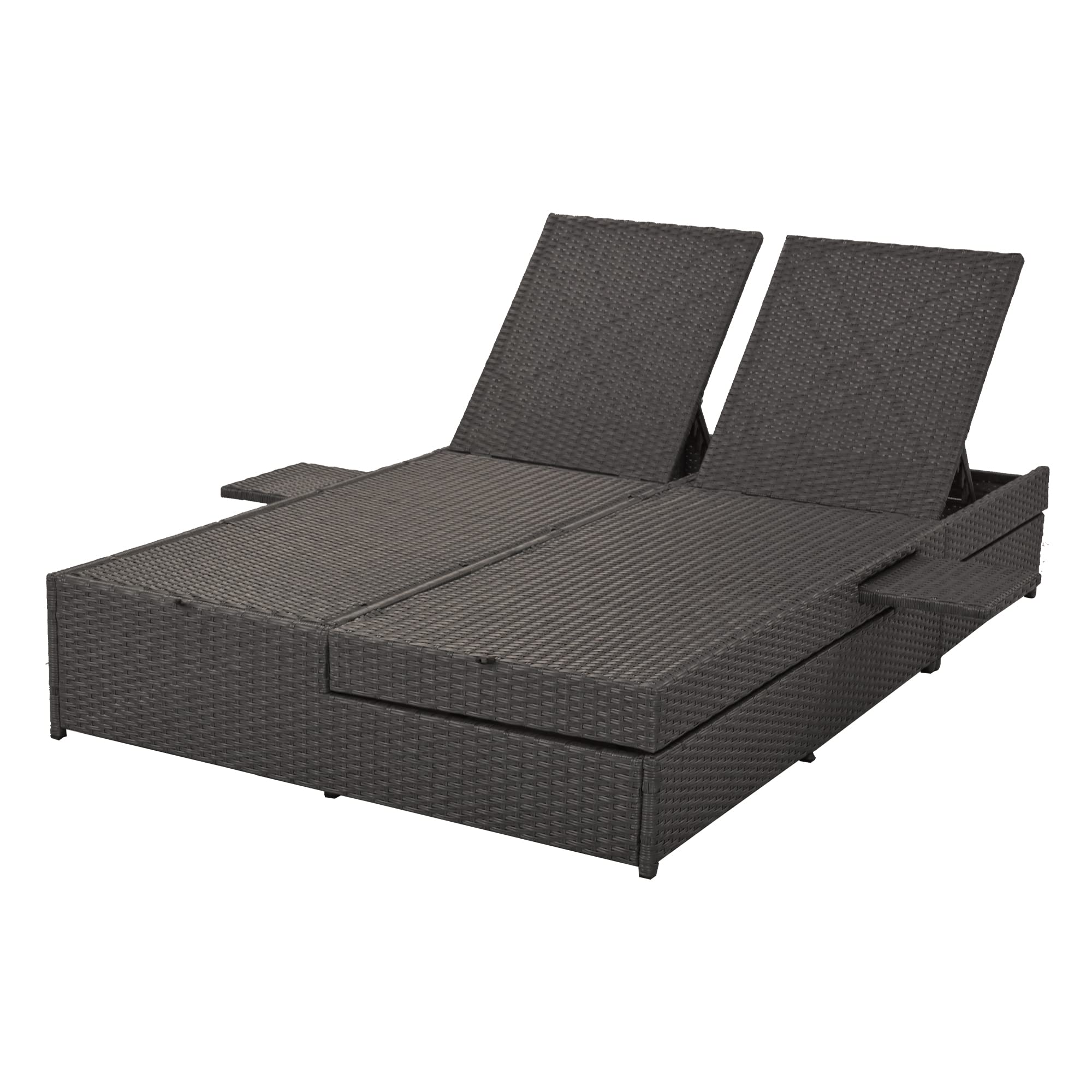 Outdoor PE Rattan Double Reclining Daybed with Adjustable Backrest & Cup Holder - All-Weather Patio Sun Lounger with Thick Cushions & Pillows for 2 People (Gray) - Perfect for Poolside Relaxation, Garden Lounging & Backyard Conversations