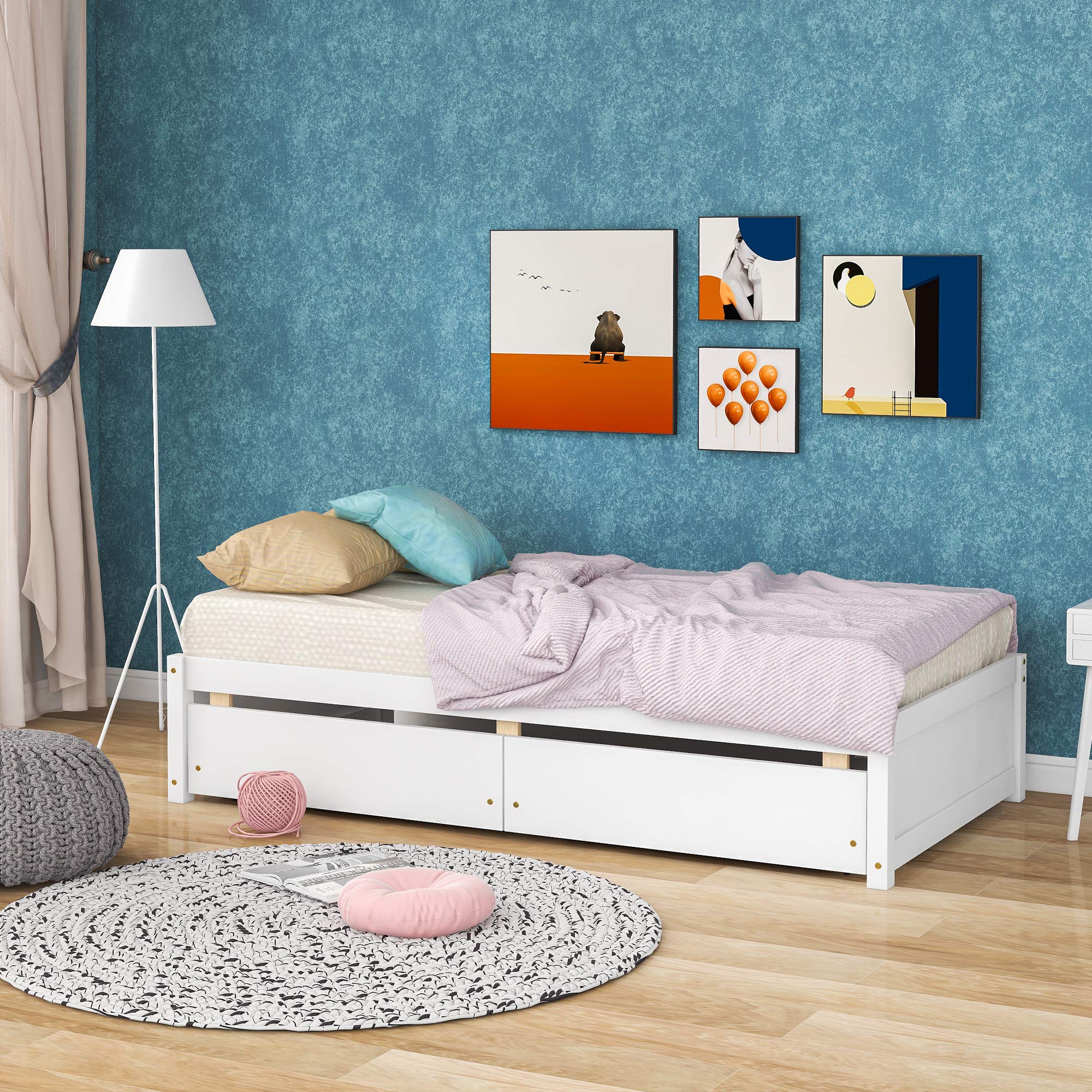 Twin Size Platform Bed Frame with Storage Drawers & Slats - Wooden Loft Captain Bed for Kids, Teens, Boys & Girls - No Headboard White - Perfect for Bedroom, Guest Room & Small Space Organization