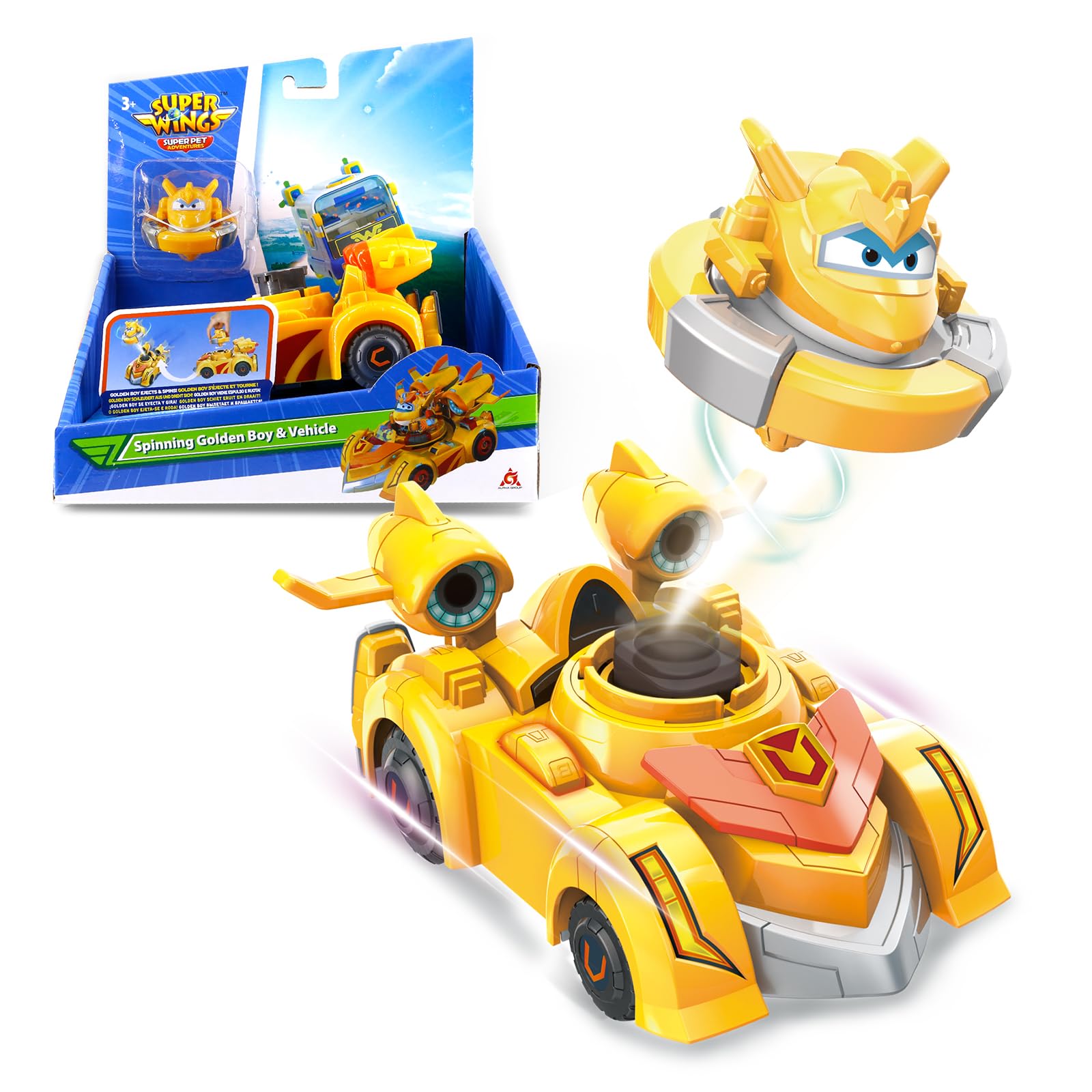 Super Wings Race Car Toys for Kids - 2-in-1 Spinning Tops & Vehicle Set with Golden Boy (5 Pack) - Fun Educational Toys for Boys Ages 3-8 - Perfect for Birthday Gifts, Playtime & Racing Games