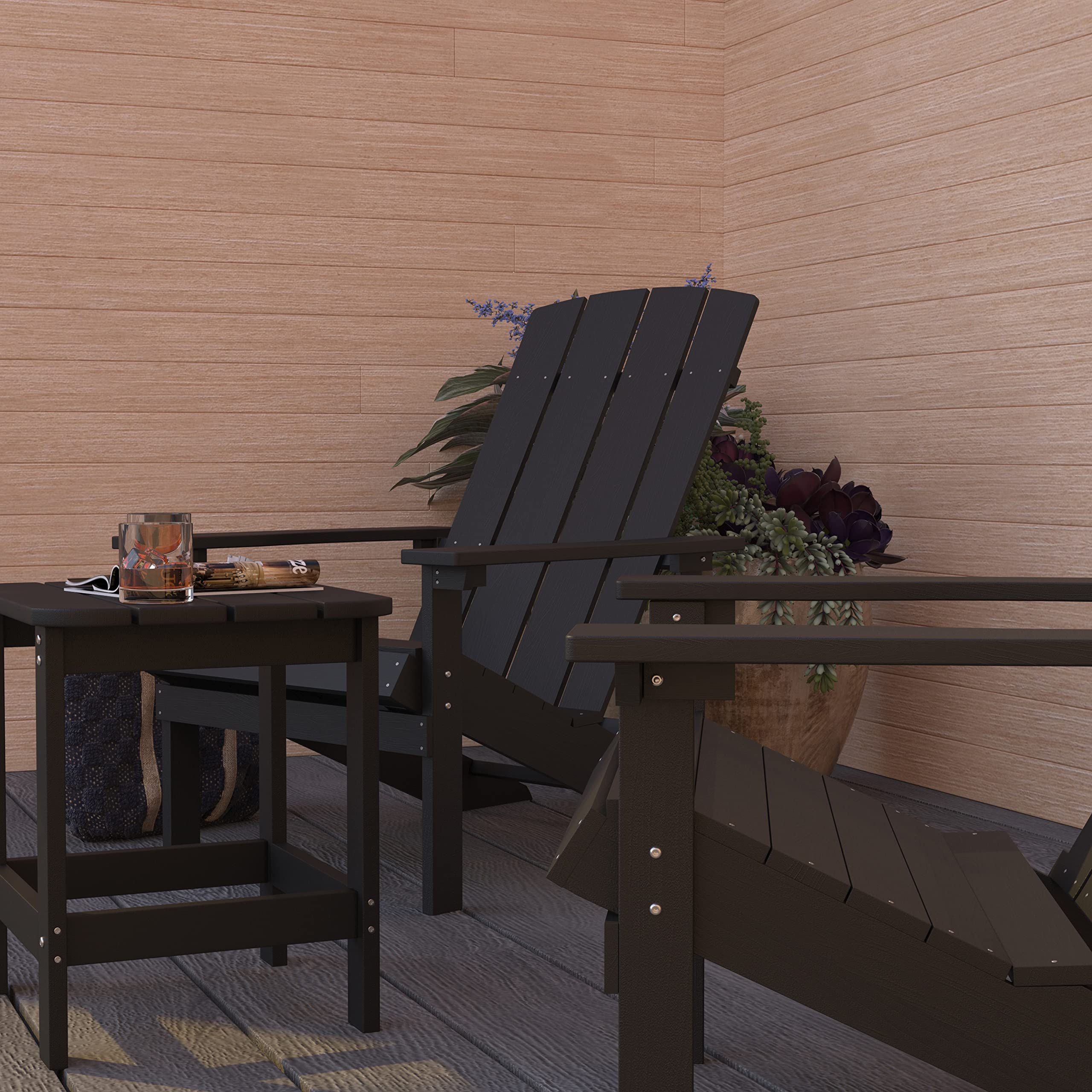Merrick Lane Riviera Adirondack Patio Chairs and Table Set - Black Indoor/Outdoor Furniture for Deck, Garden, Poolside & Backyard Relaxation