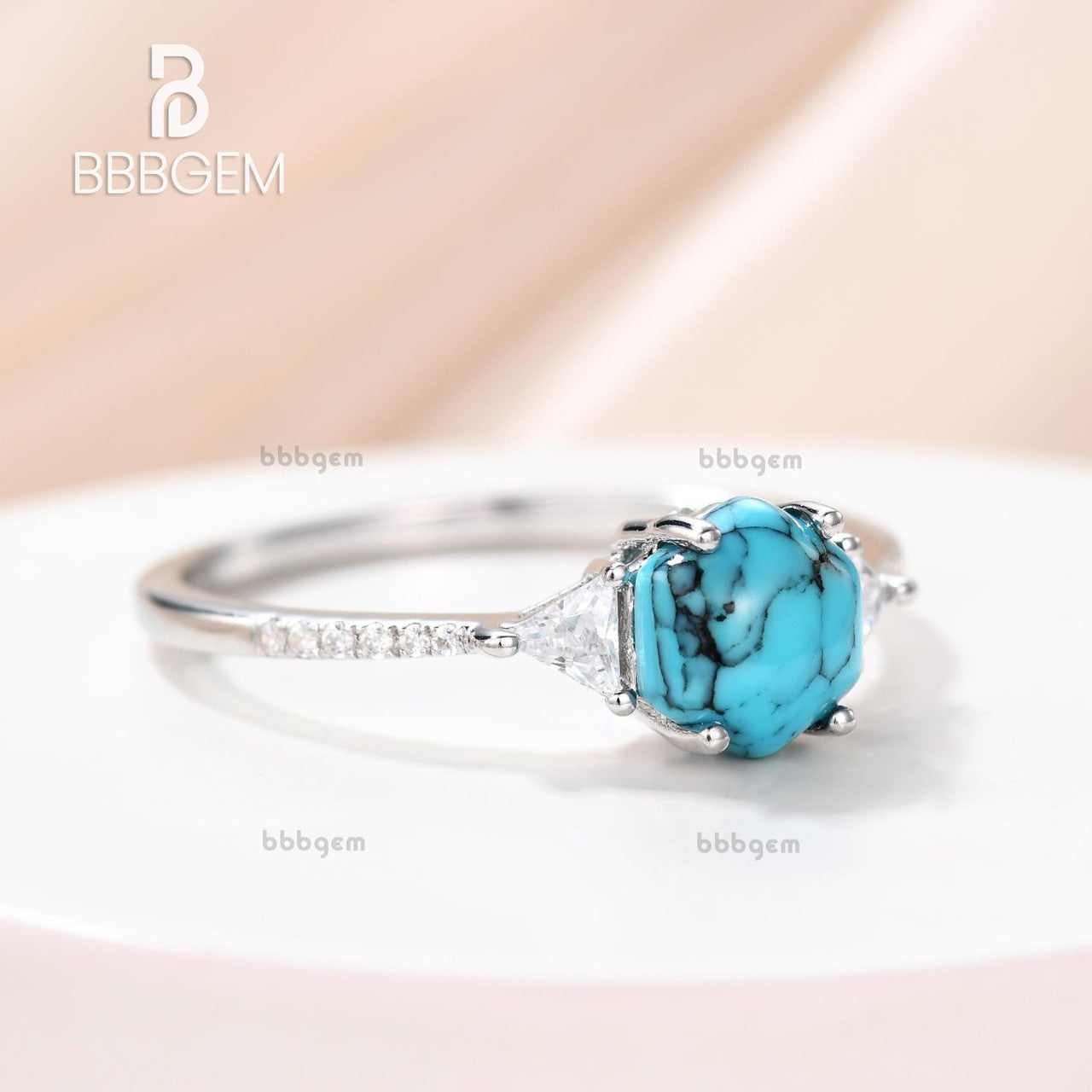 Three Stone Hexagonal Turquoise Engagement Ring with Triangle Moissanite Basket Setting - Unique Vintage Style Wedding Band for Women, Perfect for Proposals, Anniversaries & Special Occasions