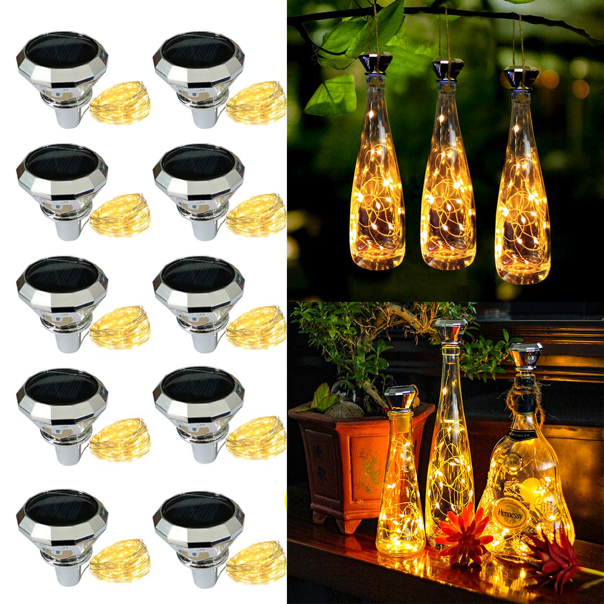 ZYLiWoo Starry Love Solar Wine Bottle Lights - 10 Pack Waterproof 20LED Fairy String Lights for Outdoor Wine Bottle Decorations - Perfect for Garden, Patio, Wedding, Party & Holiday Decor
