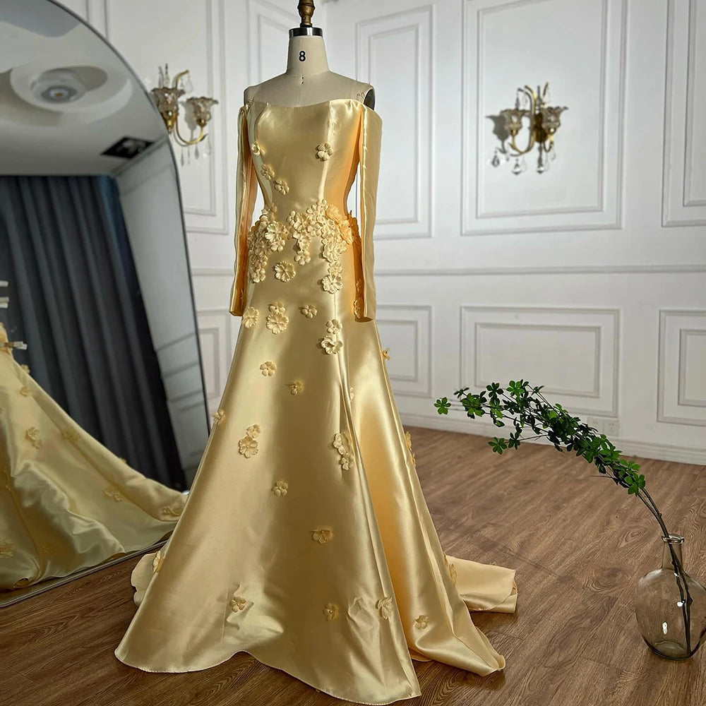 Luxury Dubai Arabia Yellow A-Line Satin Applique Evening Gown for Women - Formal Occasion Wedding Prom Party Dress LA72833 | Elegant Ball Gown for Special Events & Red Carpet