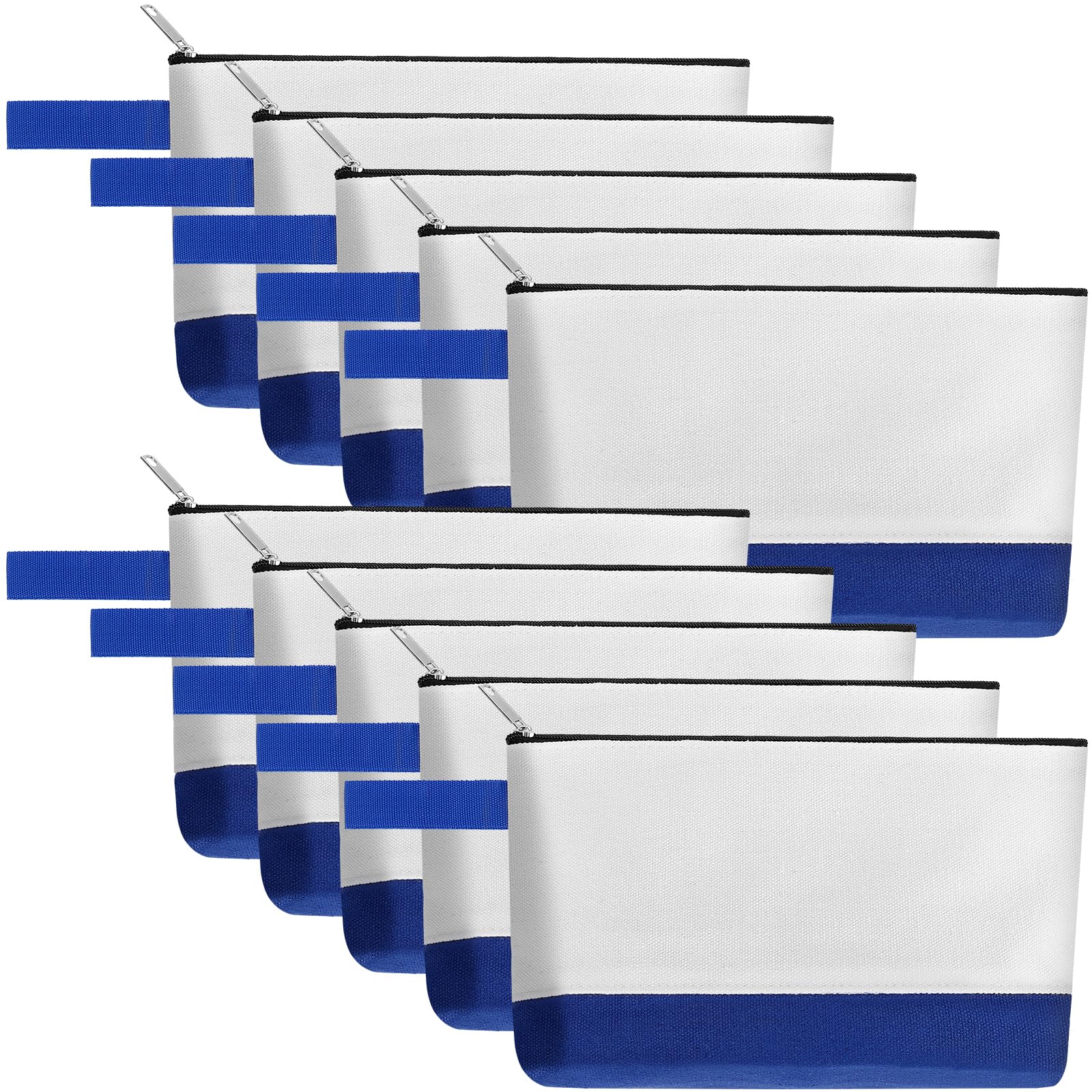 10-Piece Cotton Canvas Makeup Bags with Bottom & Strap - Waterproof Travel Toiletry Pouch with Zipper for Women, Multi-Purpose Cosmetic Organizer (White & Blue, Medium) - Perfect for Travel, Gym, DIY Crafts & Gift Giving