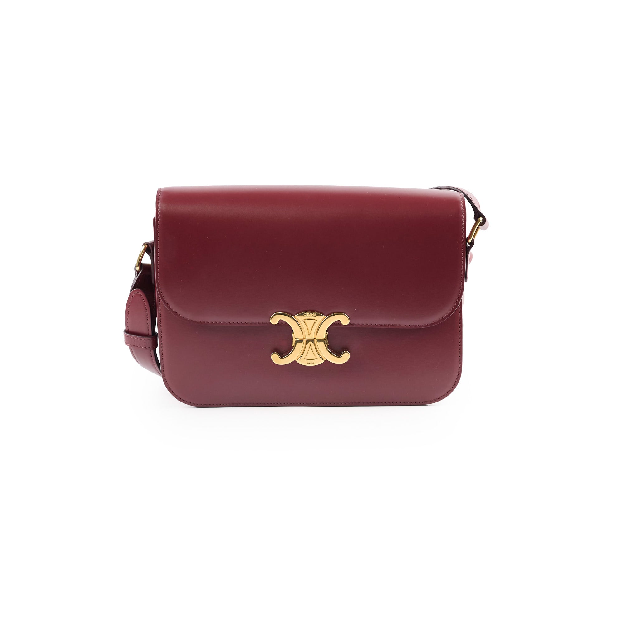 Celine Medium Triomphe Handbag in Shiny Burgundy Calfskin Leather - Perfect for Work, Travel & Evening Events
