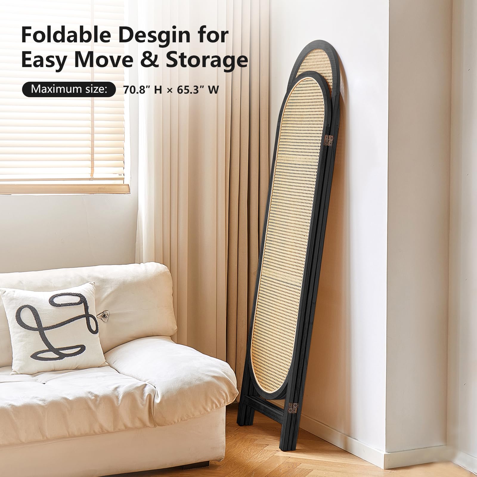 3-Panel Rattan Room Divider Screen - Foldable Privacy Partition with Unique Design | Freestanding Portable Room Separator for Home, Office & Events | Black