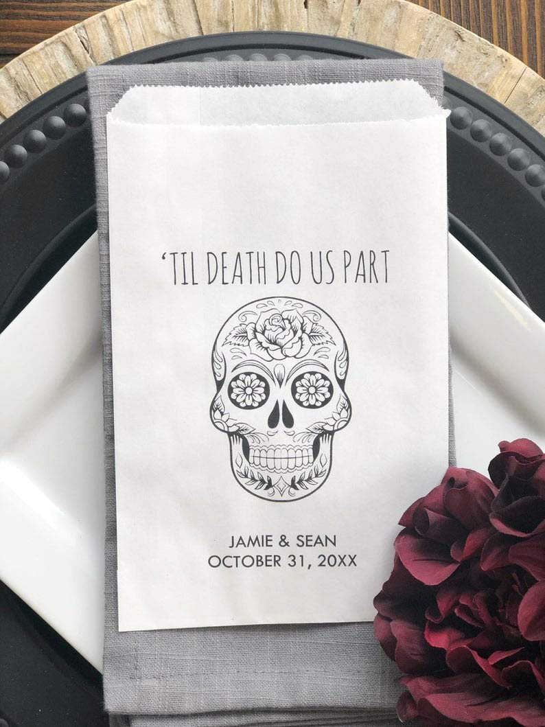 Custom Printed Sugar Skull Halloween Wedding Favor Bags - Day of the Dead Treat Bags (Set of 25) - Perfect for Halloween Parties, Themed Weddings & Dia de los Muertos Celebrations