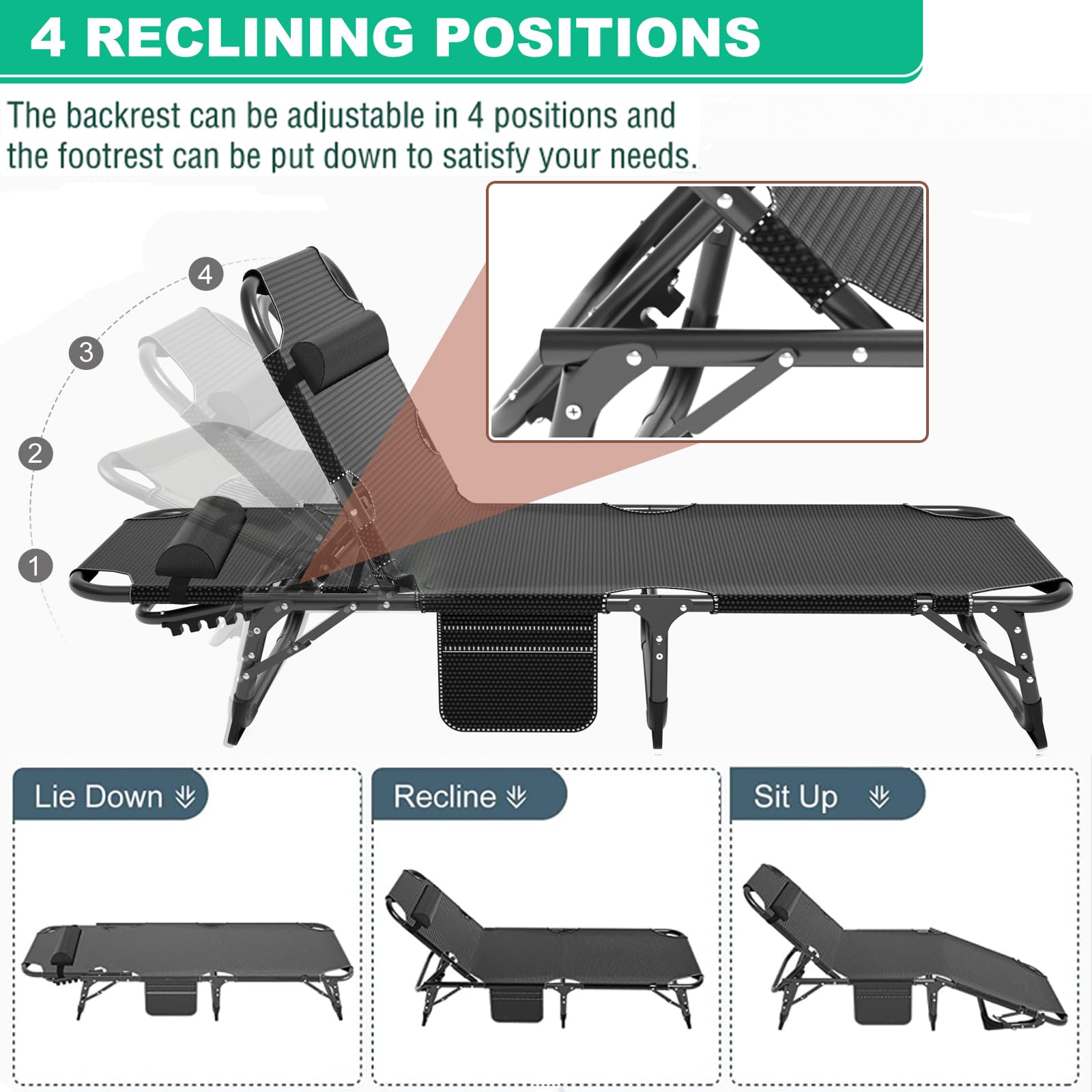 Portable Folding Camping Cot - Adjustable 4-Position Reclining Chaise Lounge Chair with Pillow for Adults - Lightweight Outdoor Sleeping Cot for Camping, Beach, Poolside & Patio Relaxation - Perfect for Backyard, Picnics & Travel Adventures