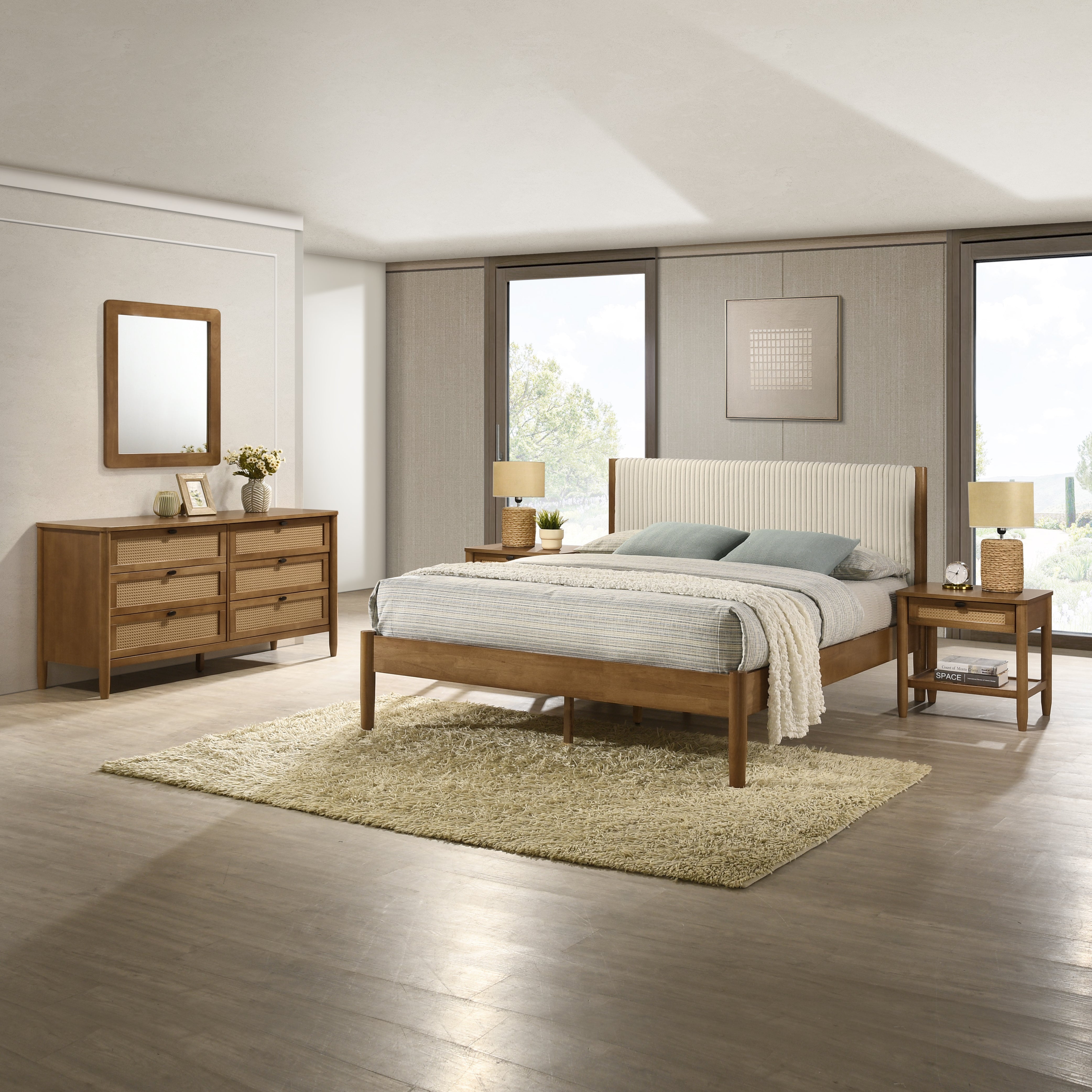 Roundhill Furniture Vichy 5-Piece Rubberwood Bedroom Set - Queen Upholstered Bed, Chest, Dresser, Mirror & 2 Nightstands | Solid Wood Furniture for Master Bedroom, Guest Room & Apartment Decor