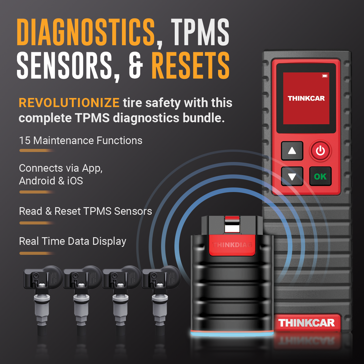 OBD2 Scanner with TPMS Reset Tool - Auto Diagnostic Code Reader & 4 Tire Pressure Sensors Bundle for Car, Truck & SUV - Check Engine Light, ABS, SRS & Oil Reset - Perfect for Mechanics & DIY Car Maintenance