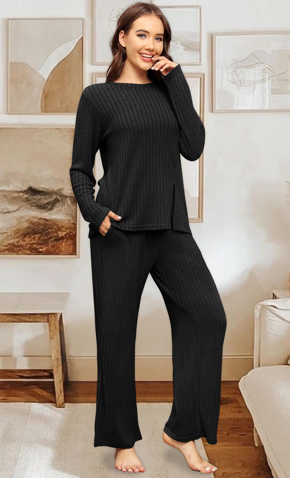 WIHOLL Women's Two Piece Lounge Set - Cozy Sweater & Pants Loungewear with Pockets | Soft Casual Outfit for Home, Travel & Relaxation