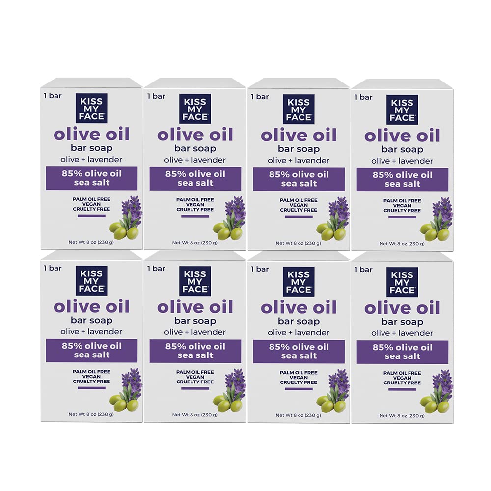 Kiss My Face Olive Oil Bar Soap - 8 Oz, Vegan & Non-GMO Certified, Antioxidant Rich Moisturizing Soap with Olive & Lavender | Perfect for Sensitive Skin, Daily Cleansing & Spa Relaxation