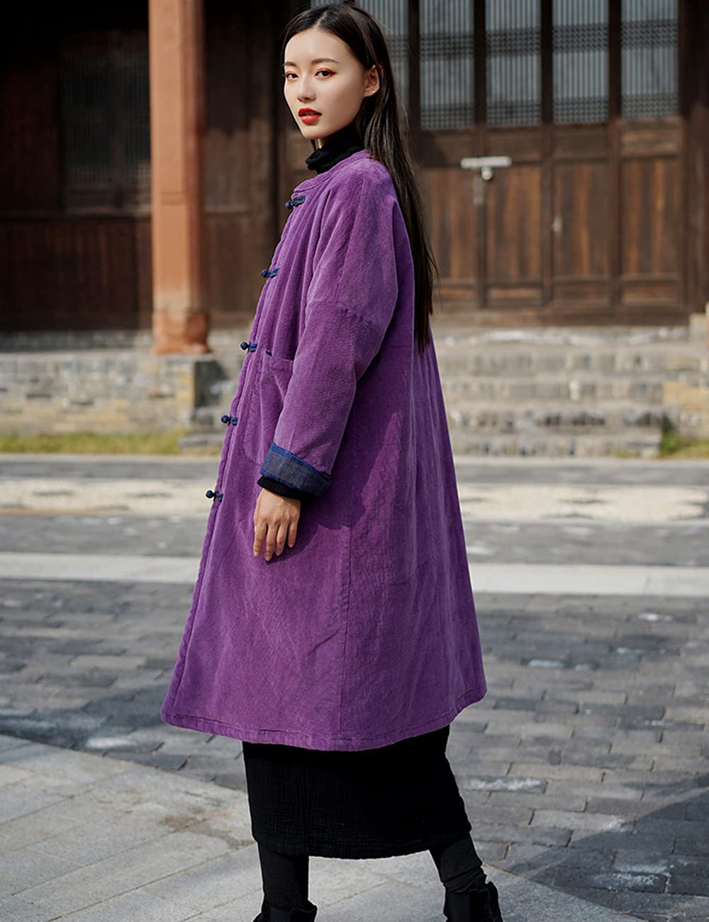 NFYM Women's Long Winter Coat - Thick Warm Corduroy Padded Jacket with Stand Collar | Chinese Tang Style Outerwear for Cold Weather | Perfect for Daily Wear, Office, and Special Occasions
