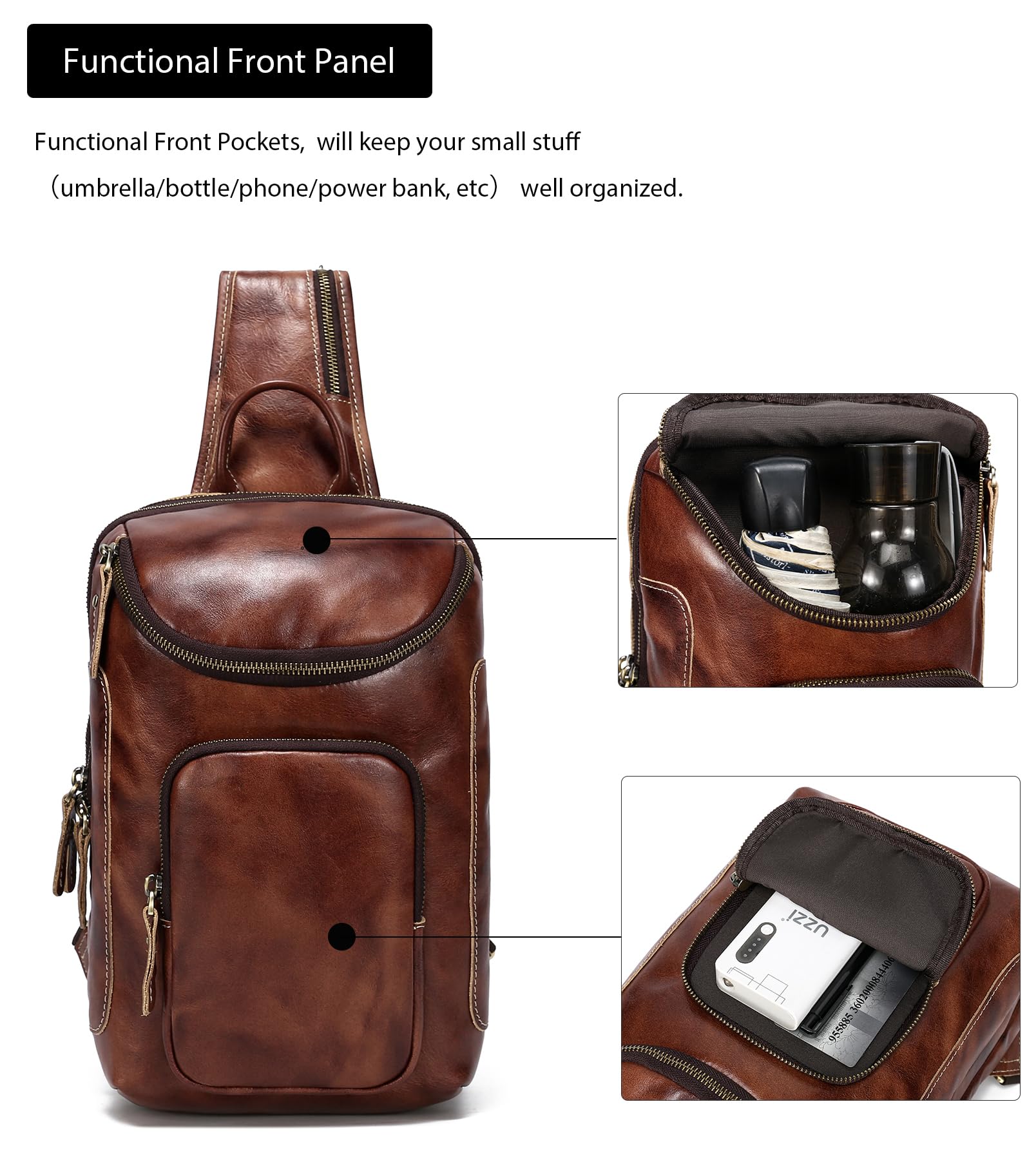 Vintage Full Grain Leather Sling Bag for Men & Women - Crossbody Chest Daypack - Perfect for Travel, Hiking, and Everyday Use