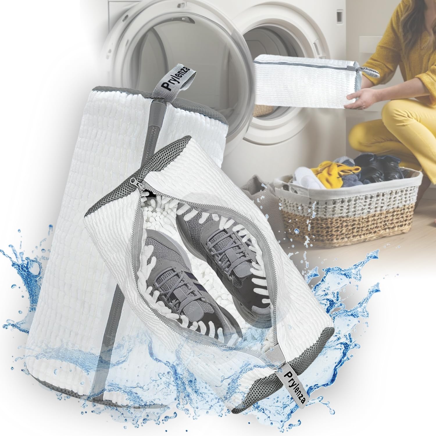 **Shoe Washing Machine Bag for Sneakers & Tennis Shoes - 2 Pack White Laundry Bags with Durable Zipper & Soft Chenille Fabric - Protects Shoes in Washer & Dryer - Perfect for Gym, Sports & Travel**