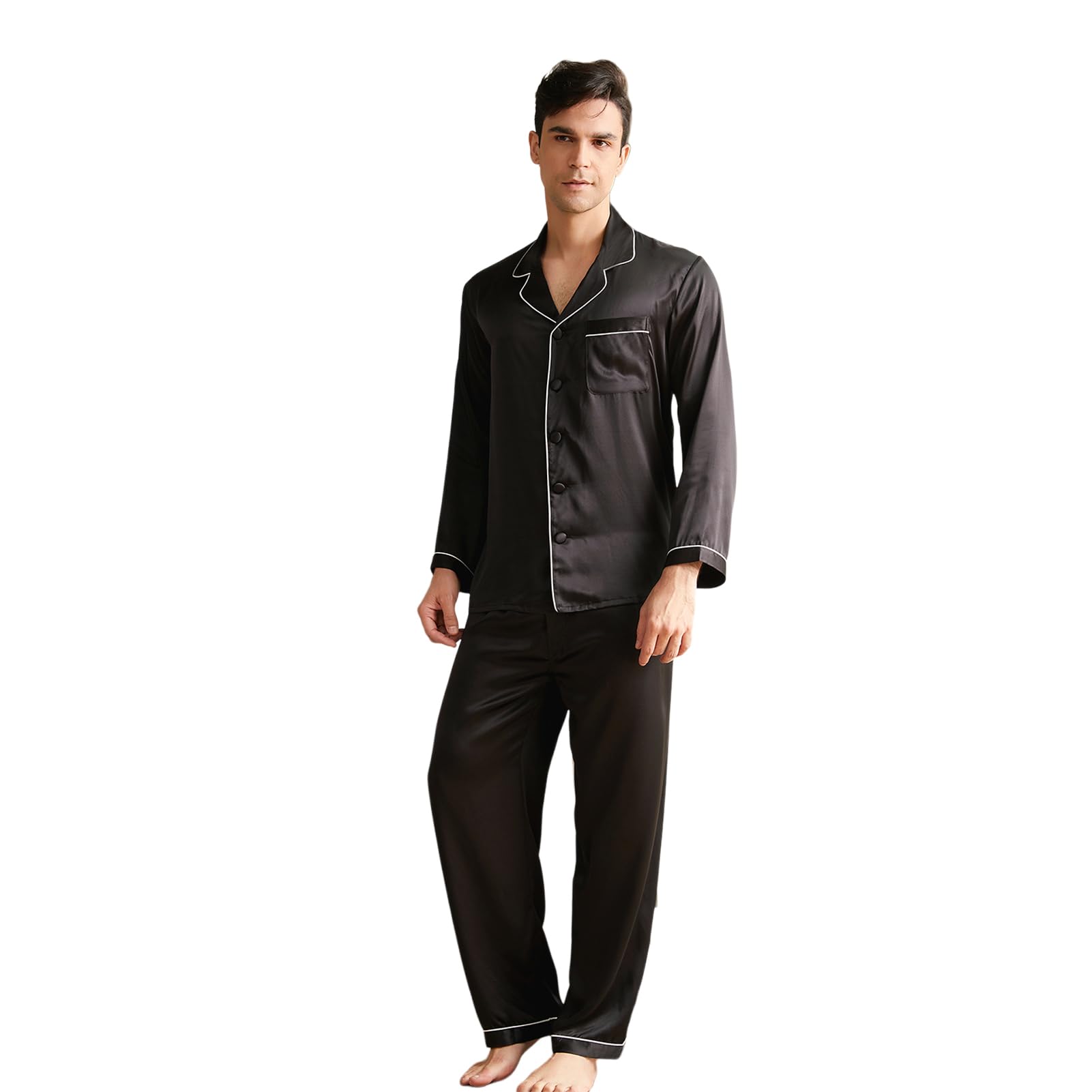 Luxury 19 Momme Mulberry Silk Pajama Set for Men - 2 Piece Long Sleeve Silk Pajamas, Lightweight & Breathable for Sleep, Lounge & Travel