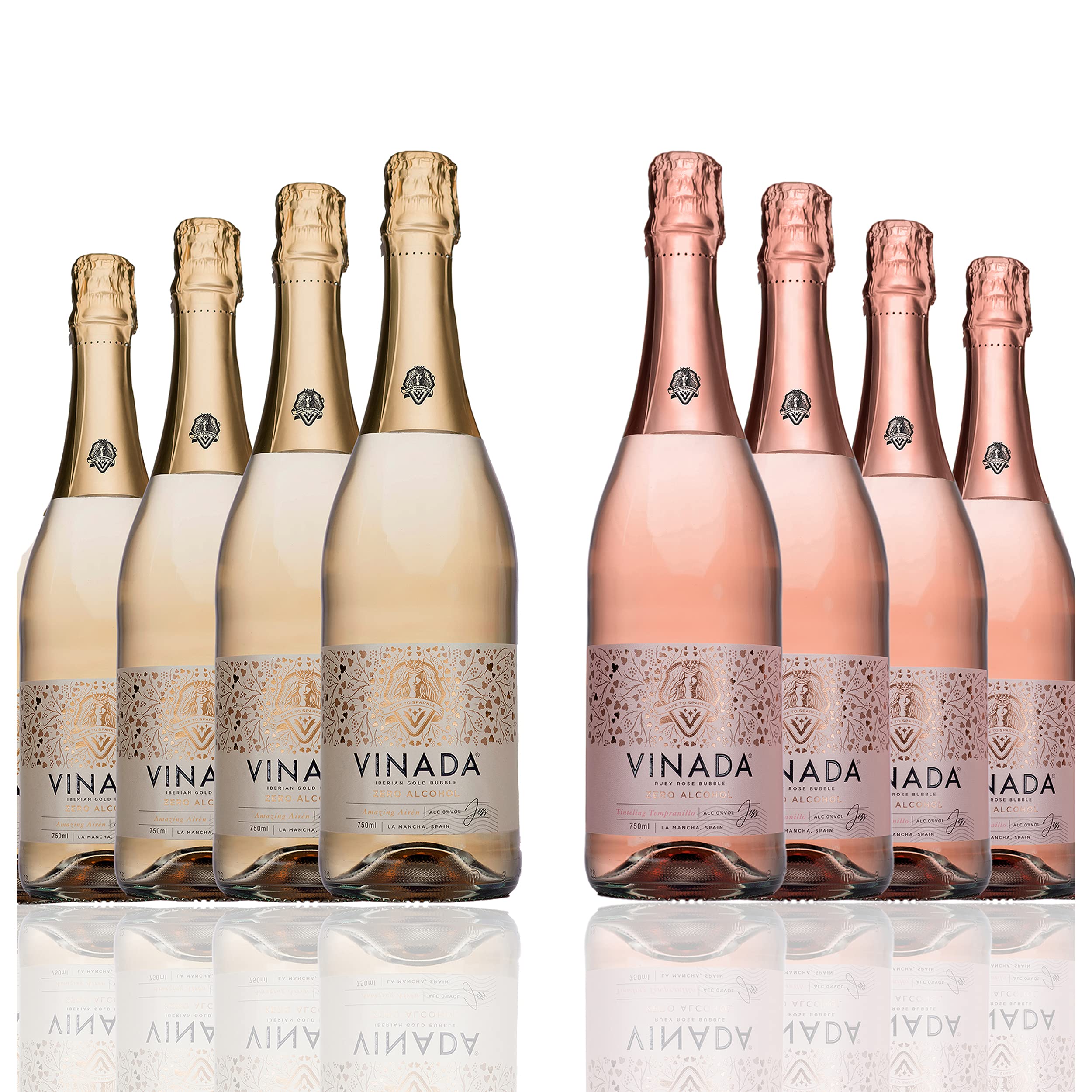 VINADA Sparkling Gold & Rosé Alcohol-Free Wine Variety Pack - 8 Bottles (750ml Each) - Perfect for Celebrations, Gifts & Sober Living