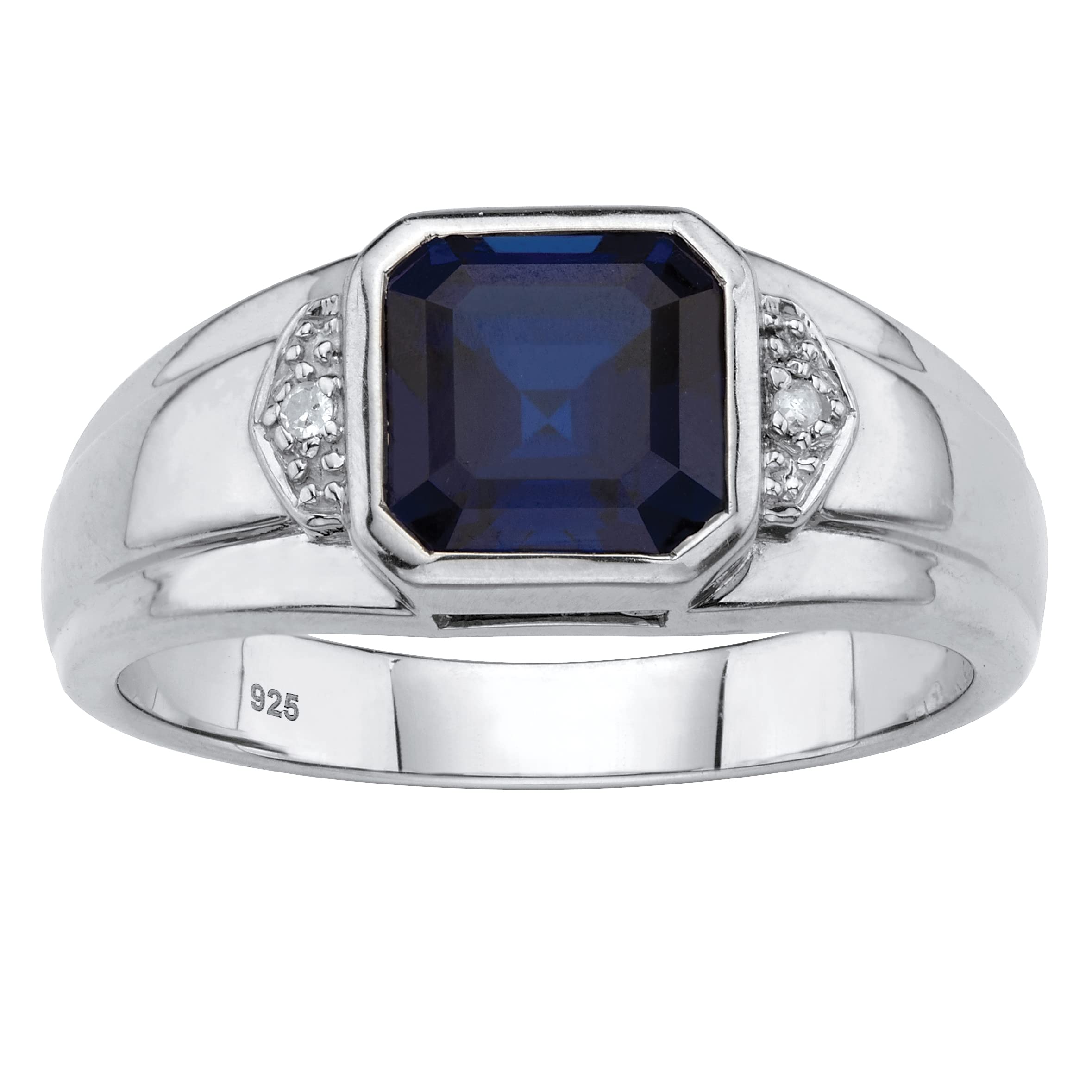 Platinum Over Sterling Silver Men's Ring - Square Cut Created Blue Sapphire & Diamond Accent Octagon Design for Wedding, Engagement & Special Occasions