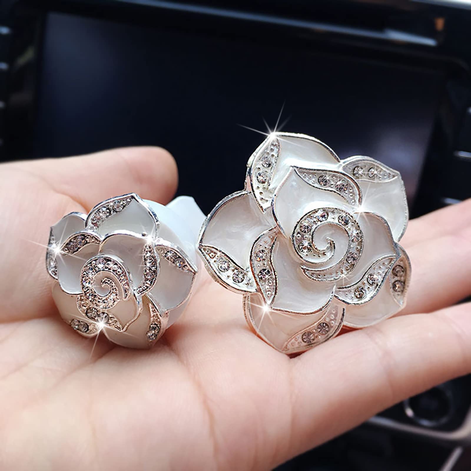 2 Pcs Camellia Air Vent Clips - Cute Flower Car Air Freshener with Bling Crystal Rose, Car Diffuser Vent Clip Charm for Women & Girls - Perfect for Car Interior Decor and Aromatherapy on the Go