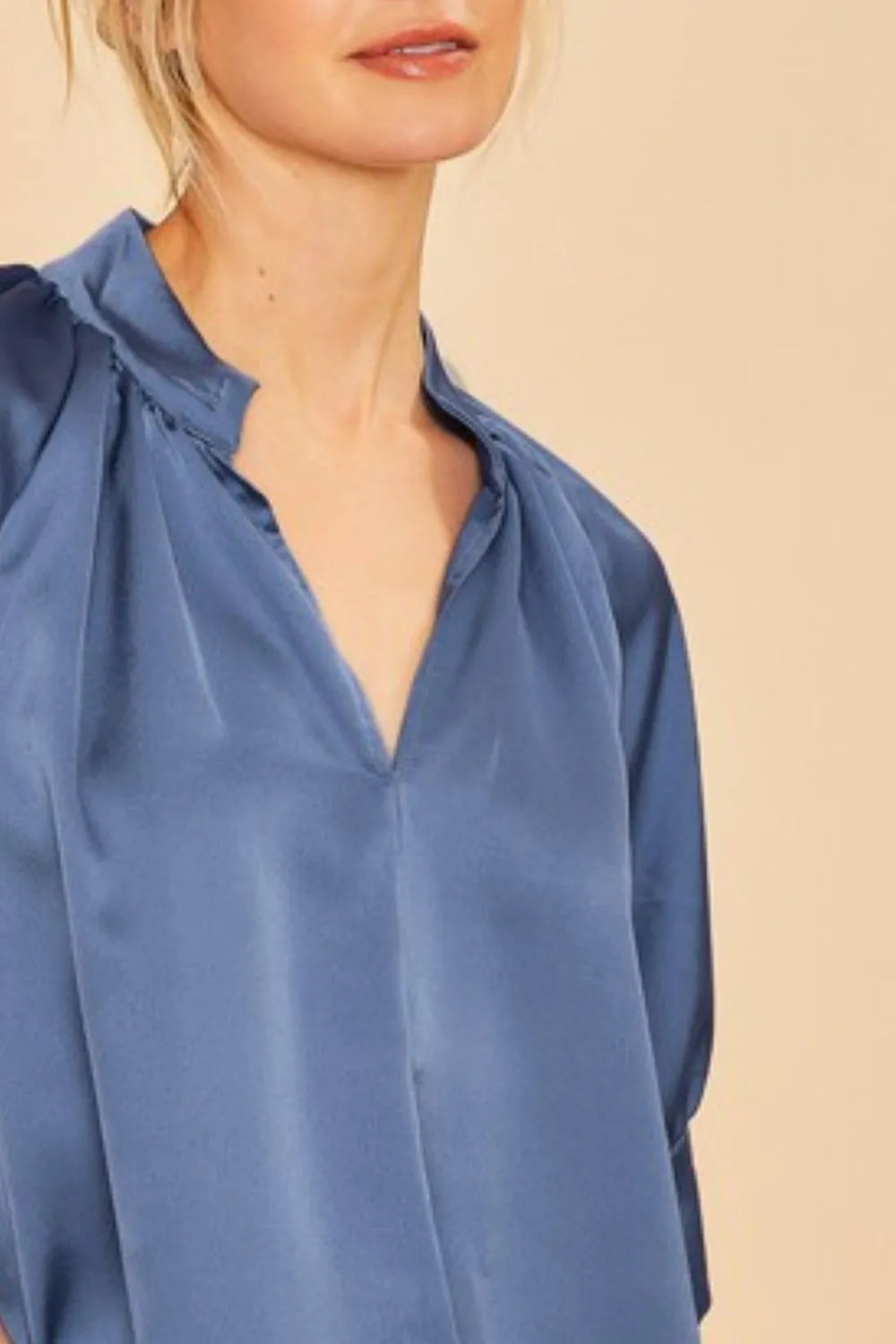 Dusty Blue Satin Open Short Sleeve Woven Blouse Top for Women - Elegant Casual & Office Wear