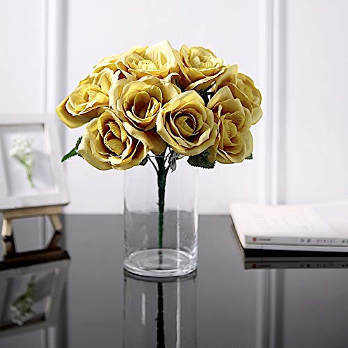 12-Inch Artificial Velvet Roses Bouquet - Gold Silk Wedding Flowers for Centerpieces, Bridal Shower, Party & Home Decorations (Set of 6) - Perfect for Wedding Receptions, Anniversary Gifts and Table Decor