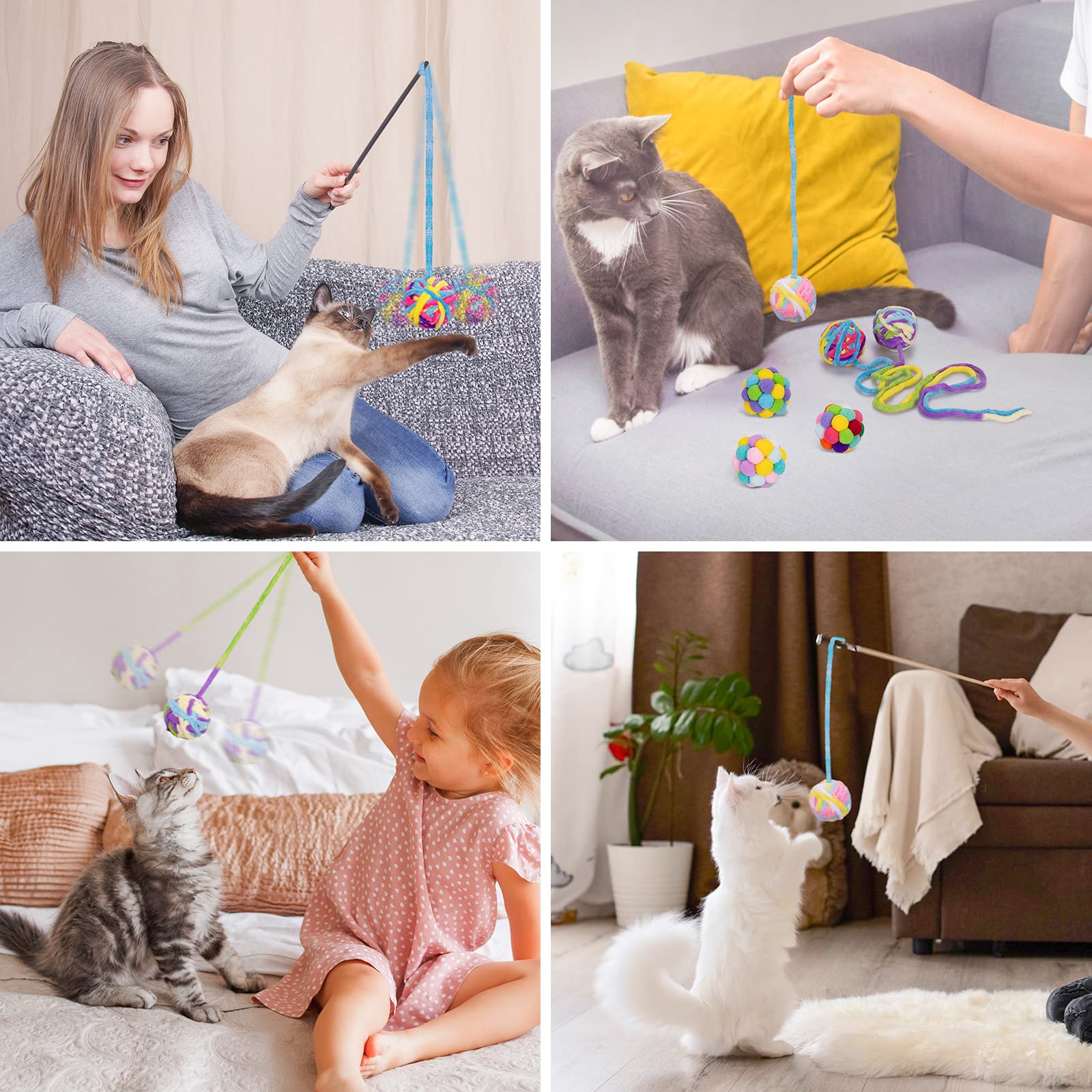 Retro Yarn Cat Toys with Bells - 6 Pack Interactive Kitten Balls for Indoor Play, Chewing & Hunting - Soft Fuzzy Cat Balls with Strings - Perfect for Playtime, Exercise & Bonding with Your Kitty