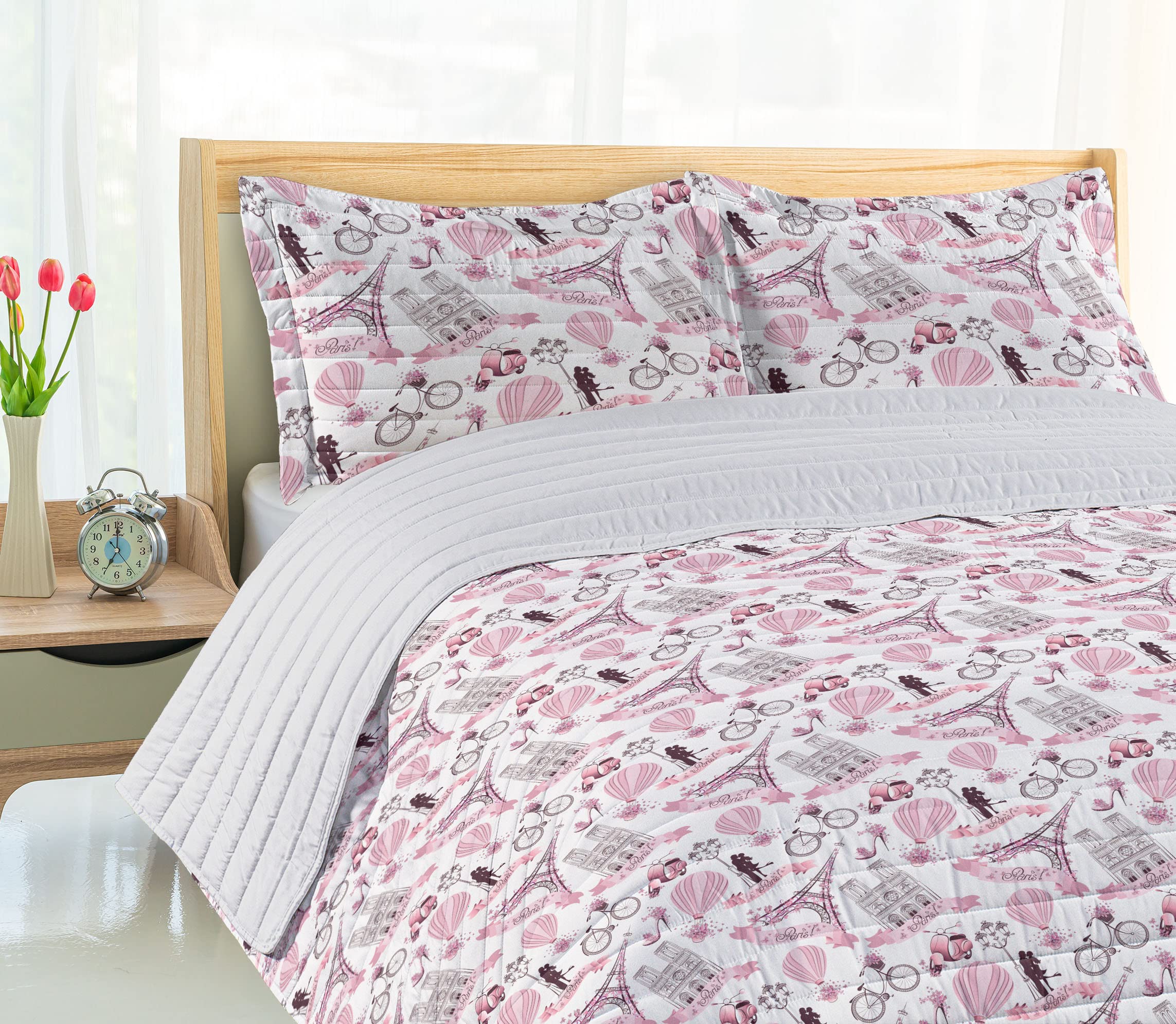 Ambesonne Eiffel Tower Microfiber Bedspread Set - Parisian Love Theme French Bridal Bedding with Pink Blossoms, Queen Size Rose Black White Comforter & Pillow Shams | Romantic Bedroom Decor for Couples, Paris-Themed Guest Room, Wedding Gift Idea