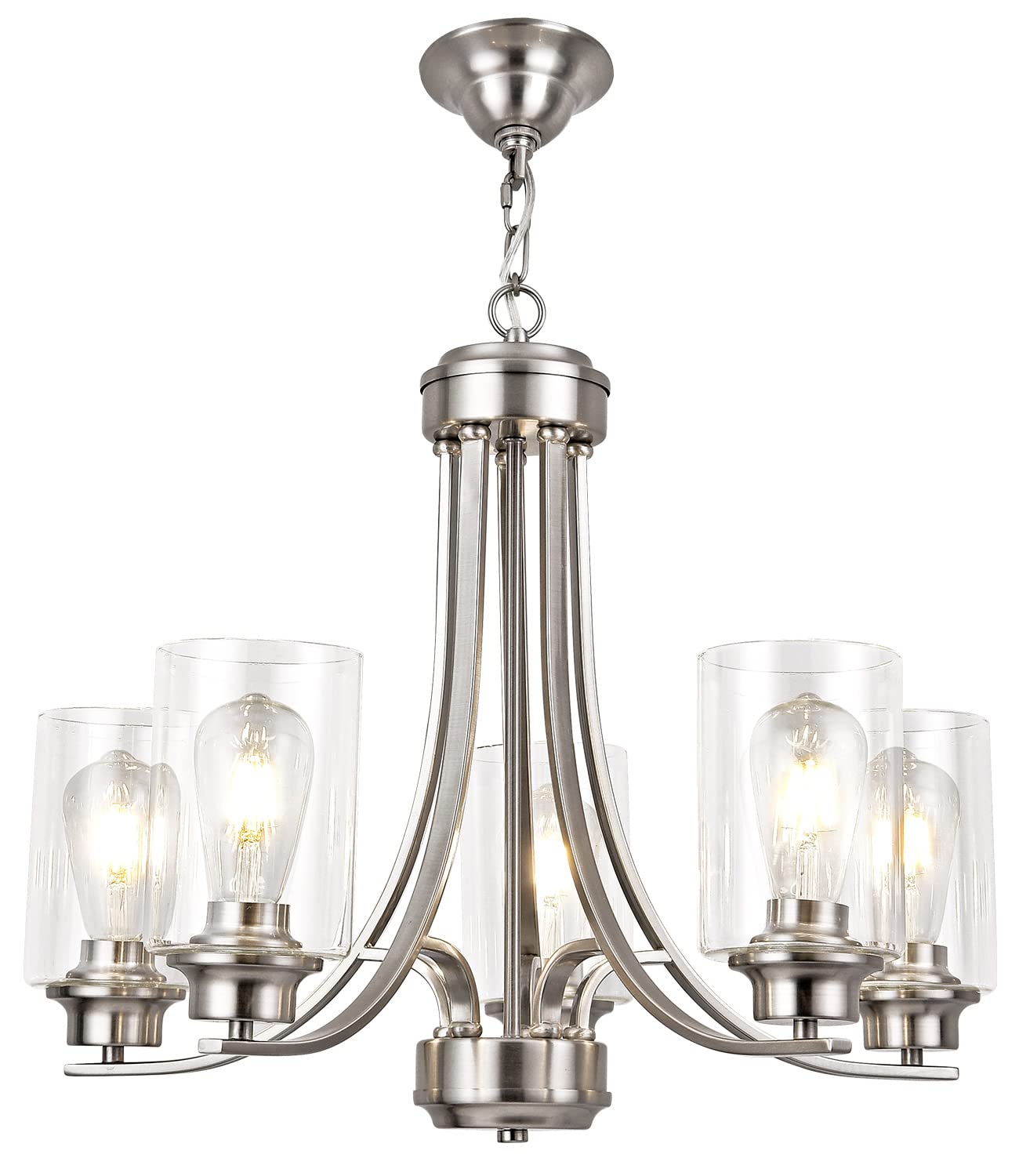 5-Light Clear Glass Modern Chandelier with Brushed Nickel Finish - Elegant Dining Room Ceiling Pendant Light for Foyer, Bedroom, Kitchen & Living Room | Perfect for Home Decor and Interior Lighting