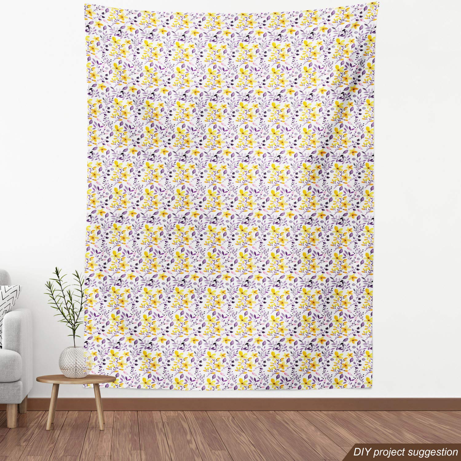 Ambesonne Floral Fabric - Purple Leaves Yellow Flowers - 5 Yards for Upholstery & Home Decor - Summer Decorating Fabric