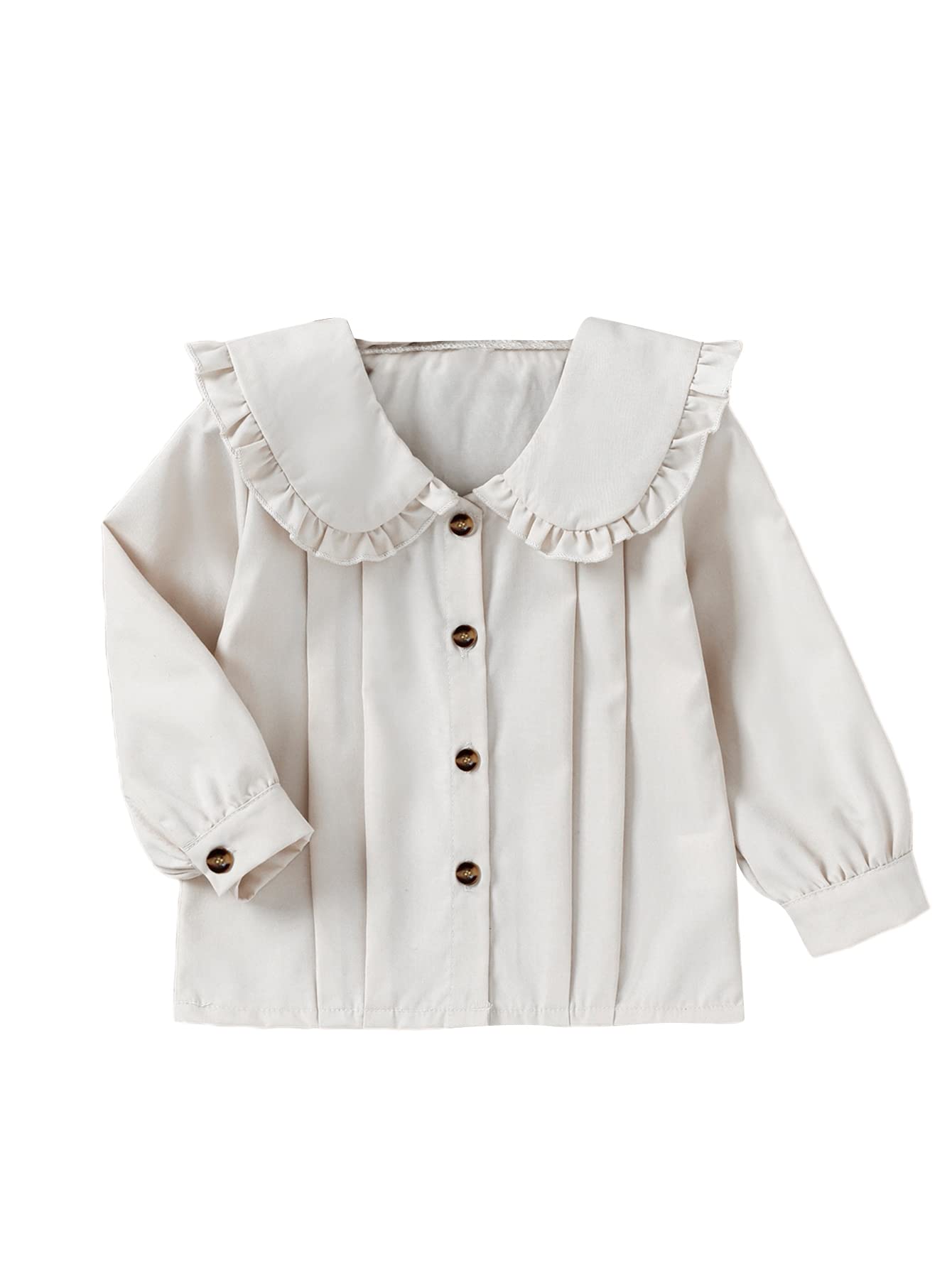 SheIn Girls' Cute Long Sleeve Button Down Blouse with Pleated Frill Trim Collar - School Uniform, Party Wear & Casual Outfit Tops for Teens