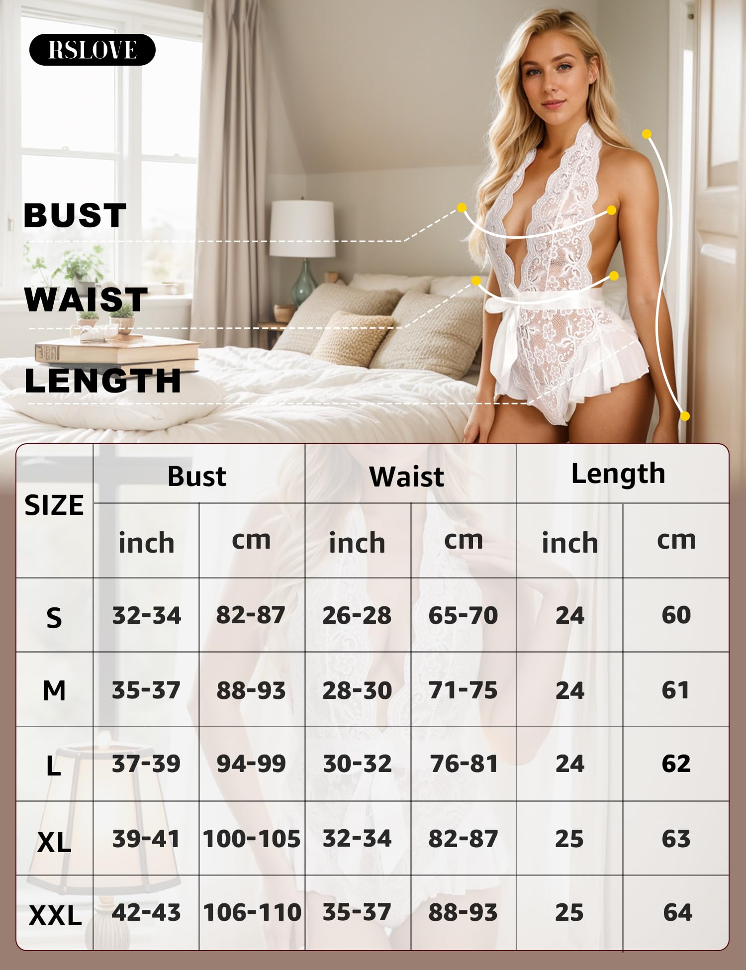 RSLOVE Sexy Lace Teddy Lingerie for Women - Deep V Neck Babydoll Bodysuit with G-String | Valentine's Day Gift, Honeymoon Nightwear, Boudoir Photoshoot