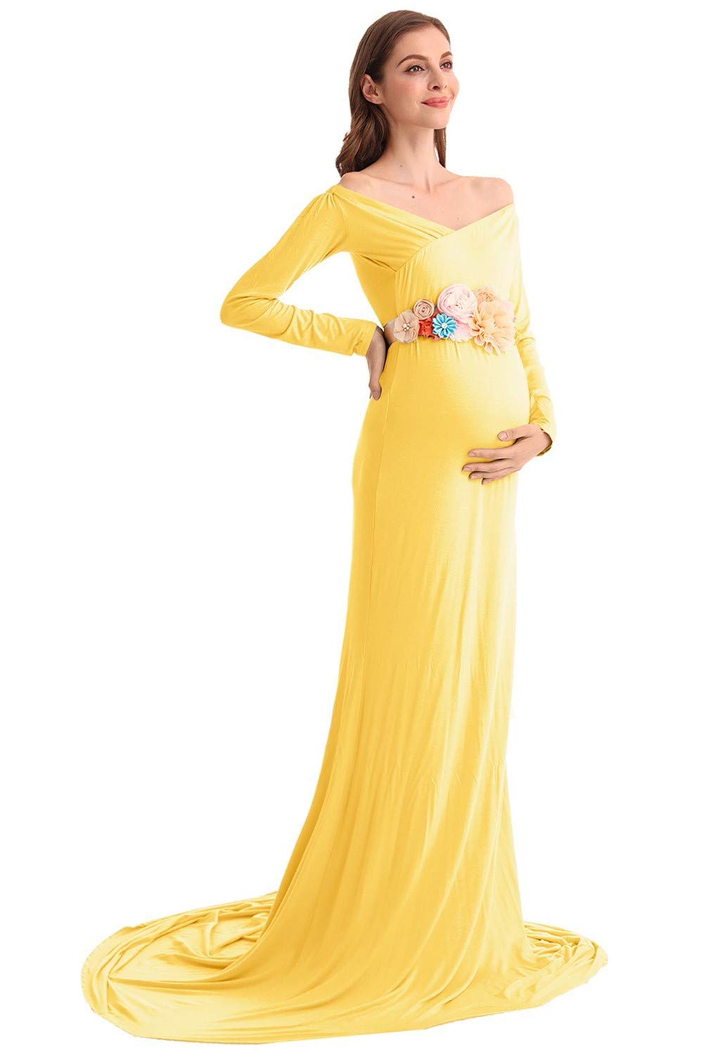 Elegant Women's Maternity Dress - Long Sleeve Off Shoulder Cross-Front V-Neck Slim Fit Maxi Photography Gown with Train - Perfect for Maternity Photoshoots, Baby Showers & Special Occasions